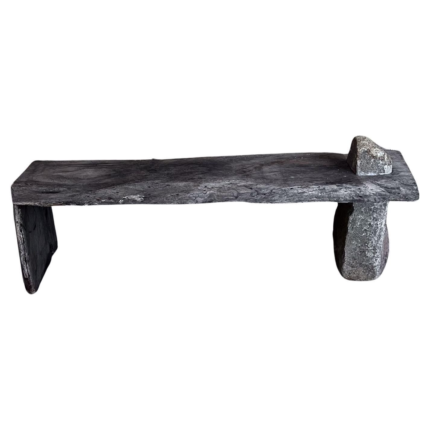 Primitive Rustic Bench Spanish Mesquite Wood and Rock Stone For Sale