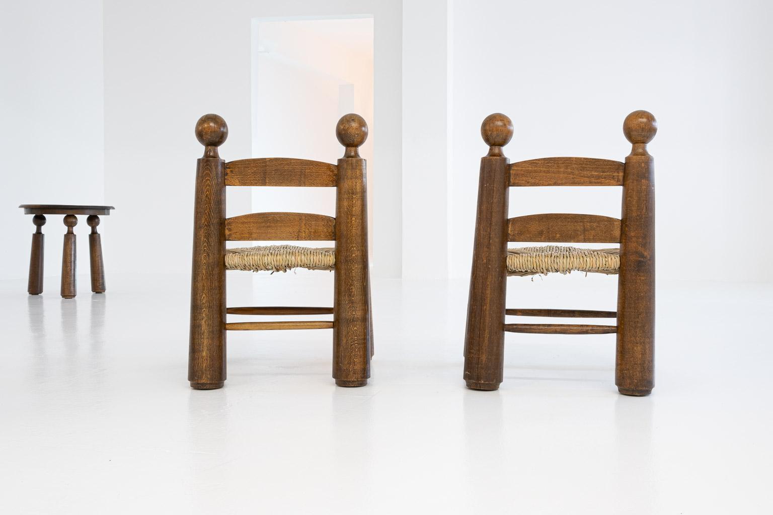 Straw Modern Rustic, Brutalistic Table / Chair Set by Charles Dudouyt, France, 1940s For Sale