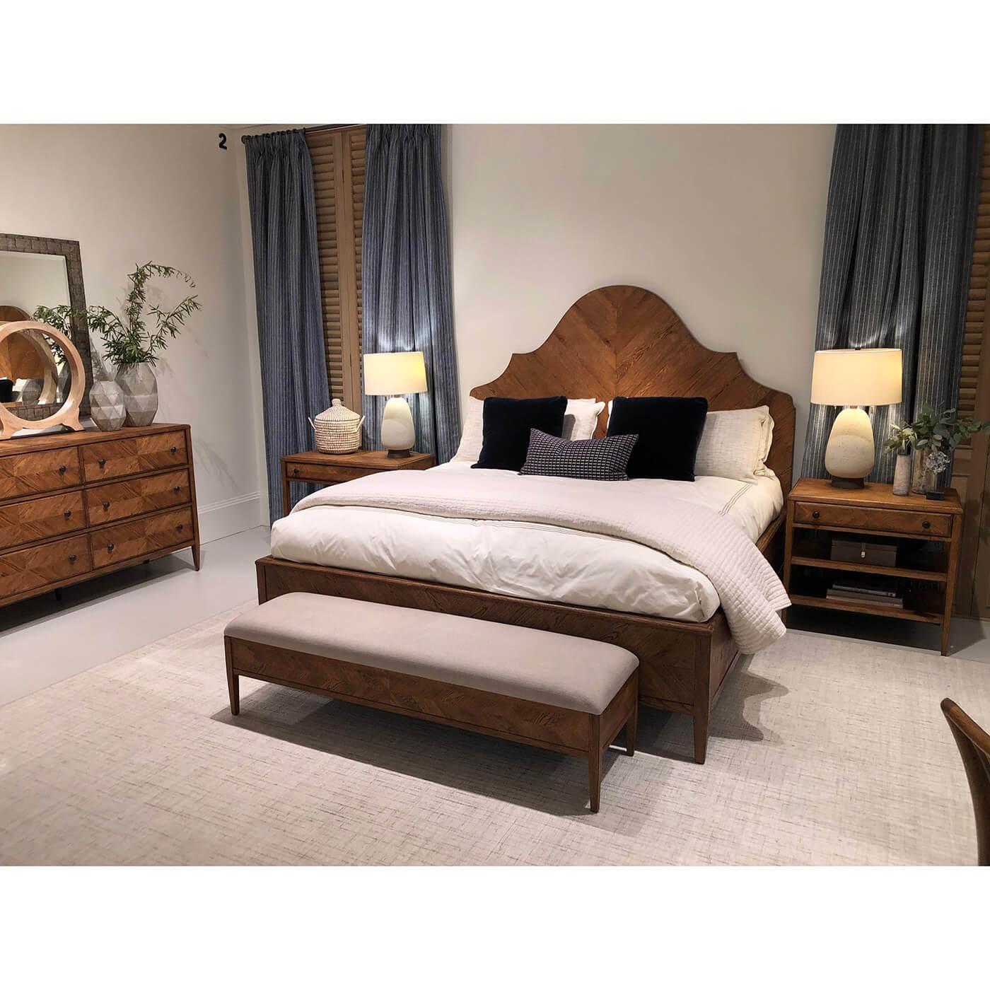 Arch herringbone designed headboard and mirrored herringbone parquetry highlight the beautiful craftsmanship and design of this bed.

Dimensions: 77.25