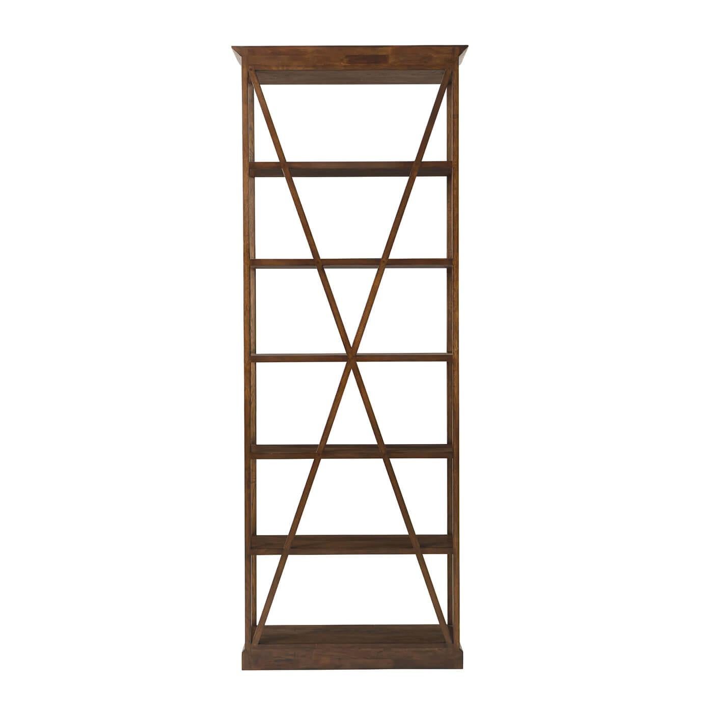 A modern rustic-style dark oak etagere with five oak-crafted display shelves firmly supported by a crossed 