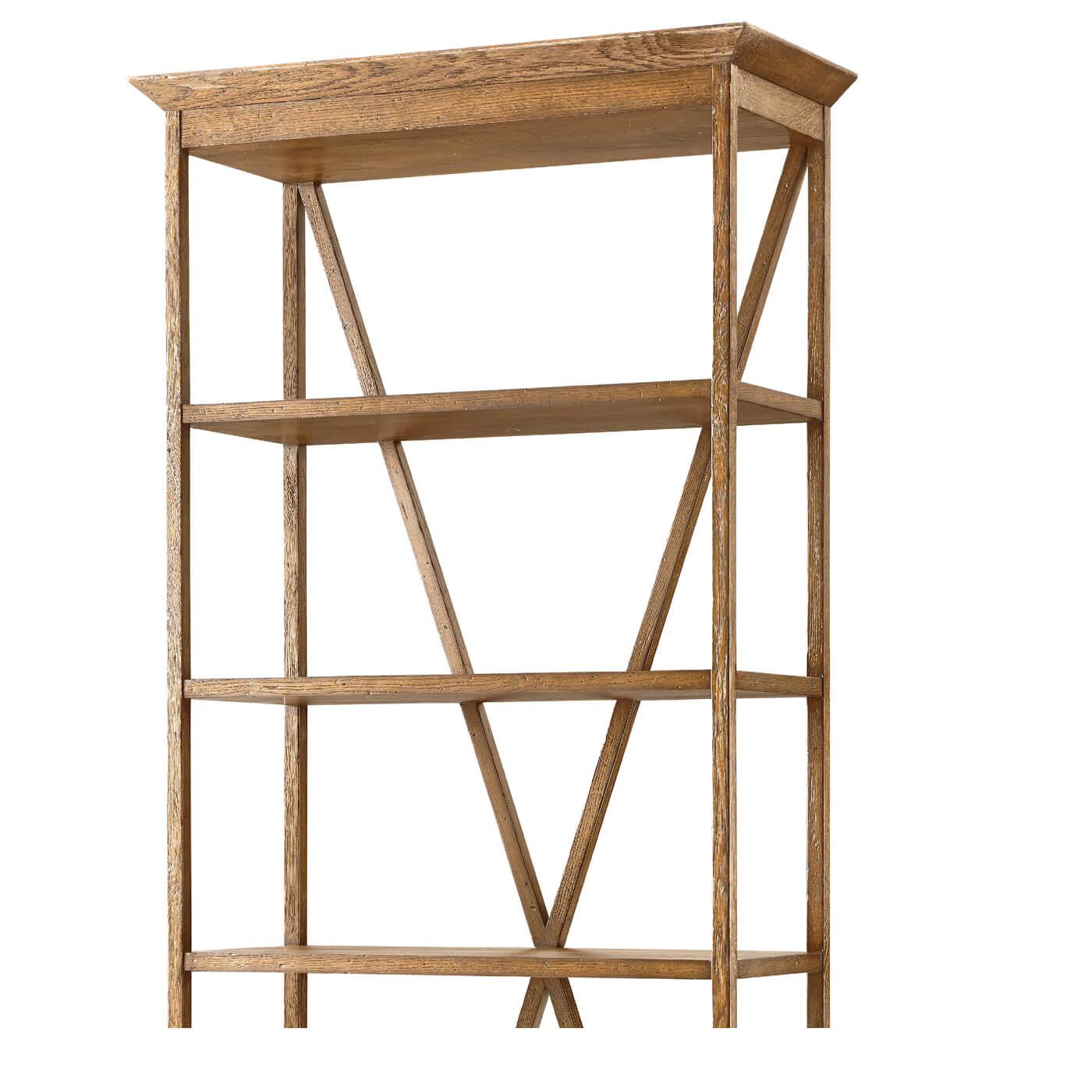 A modern rustic-style light oak etagere with five oak-crafted display shelves firmly supported by a crossed 