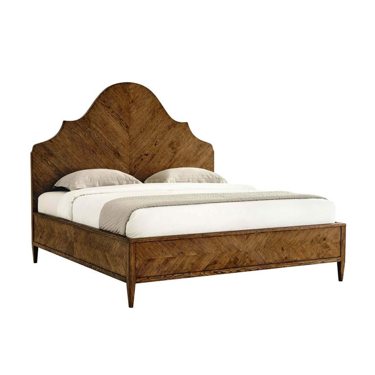 A Modern rustic oak king bed in Dusk finish. The Alhambra Arch herringbone designed headboard and mirrored herringbone parquetry highlight the beautiful craftsmanship and design of this bed.

Shown in dusk finish
For US King mattress - 76
