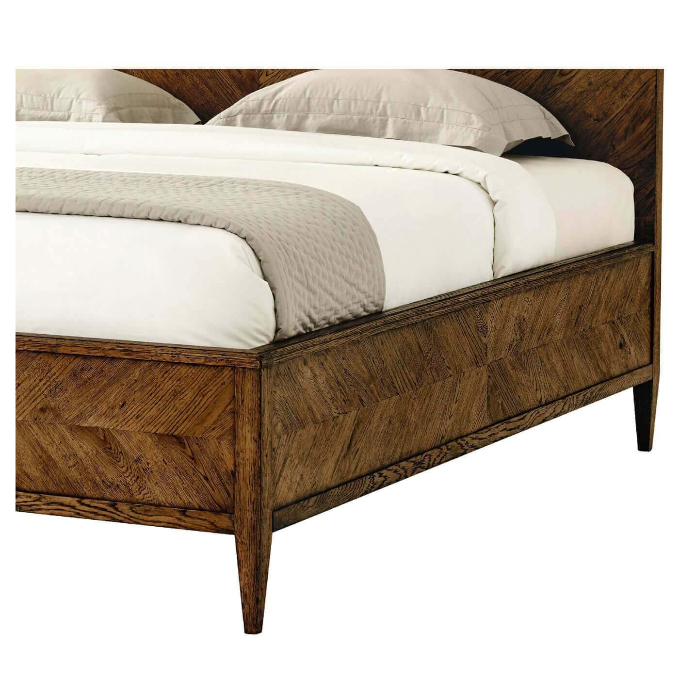 Vietnamese Modern Rustic Oak King Bed, Dark For Sale