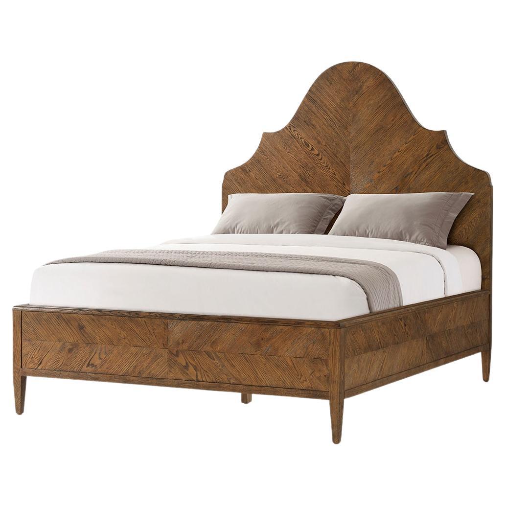 Modern Rustic Oak Queen Bed, Dark For Sale