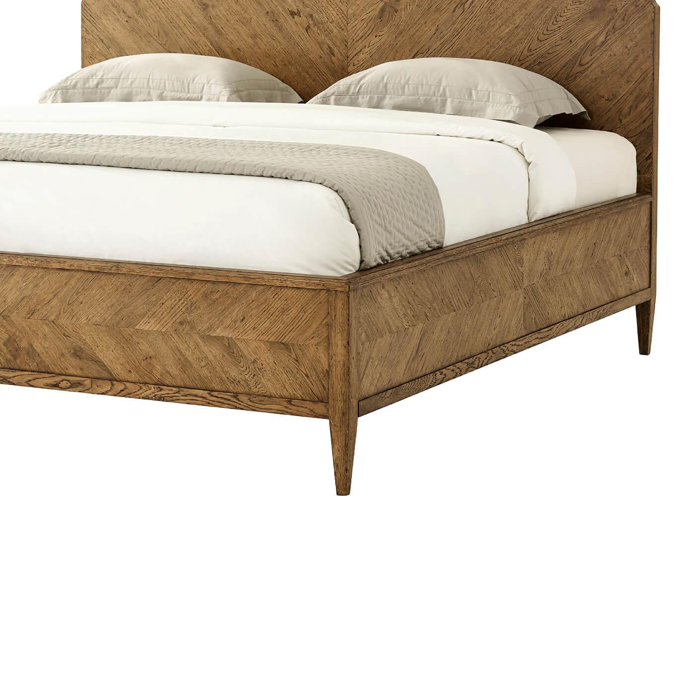 A modern rustic-style oak queen bed with an arched headboard. This artfully crafted bed has been hand-veneered. It has been crafted with rustic oak and is shown in our striking Dawn finish. 

Shown in Dawn Finish
For US Queen mattress - 60