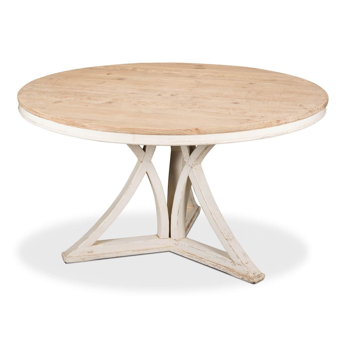 Modern rustic round dining table with natural pine top and an unusual form distressed white base. 

Dimensions: 54