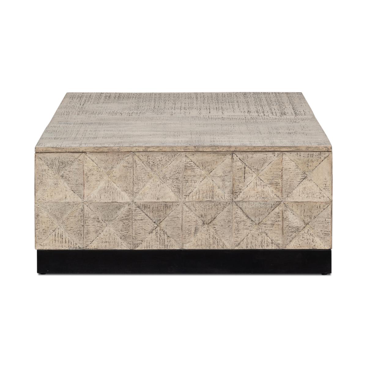 Modern Rustic square coffee table in a grey eclectic finish on mango wood, with geometric patterns to the sides and raised on an iron plinth base.

Dimensions: 36
