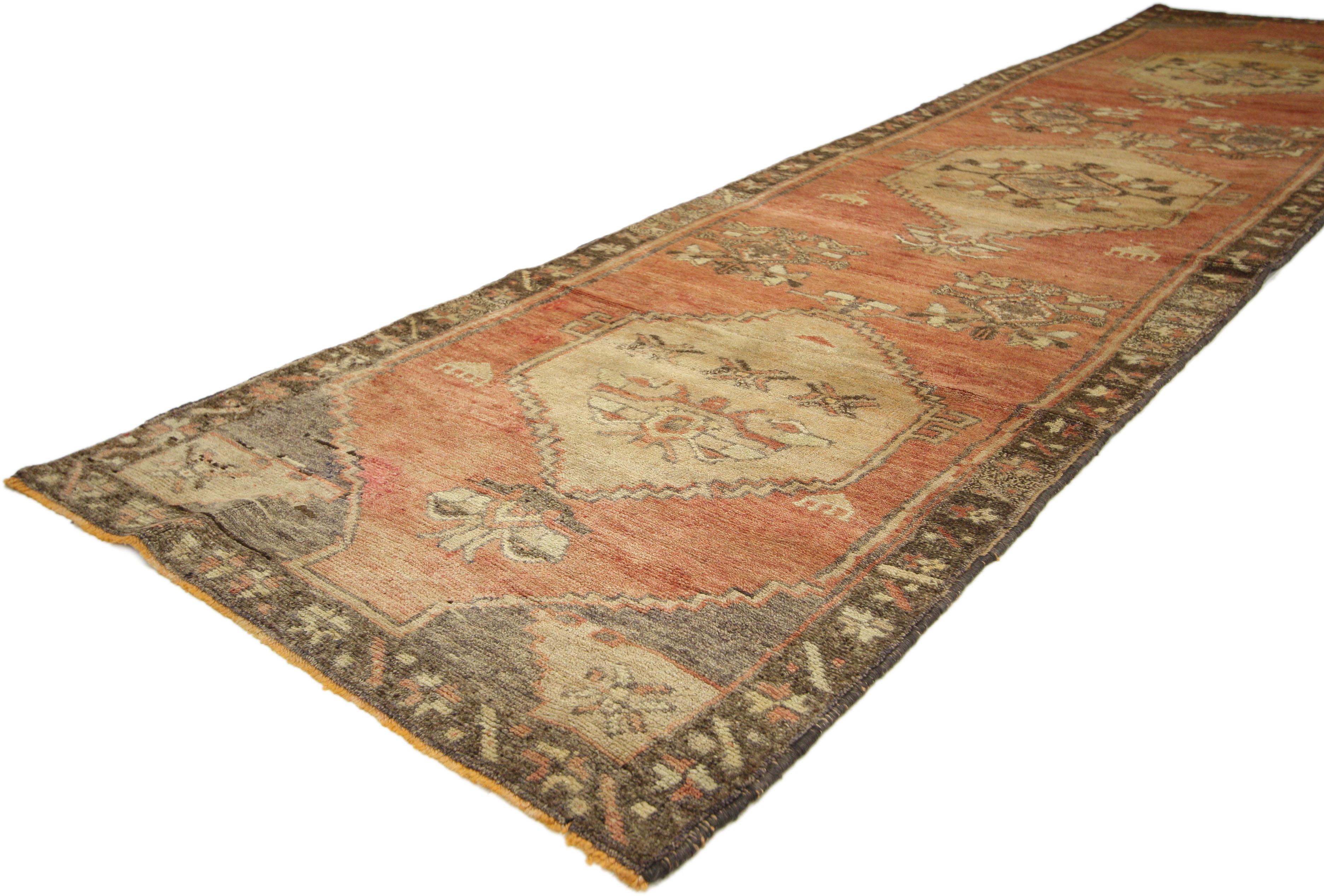 Hand-Knotted Vintage Turkish Oushak Runner with Modern Rustic Spanish Revival Style