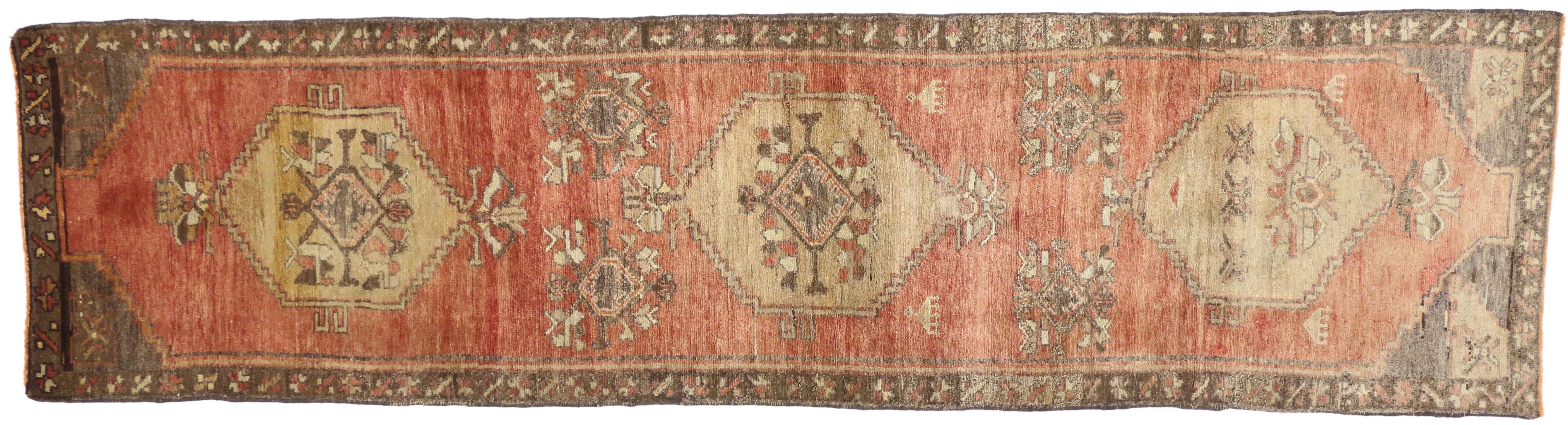 Wool Vintage Turkish Oushak Runner with Modern Rustic Spanish Revival Style