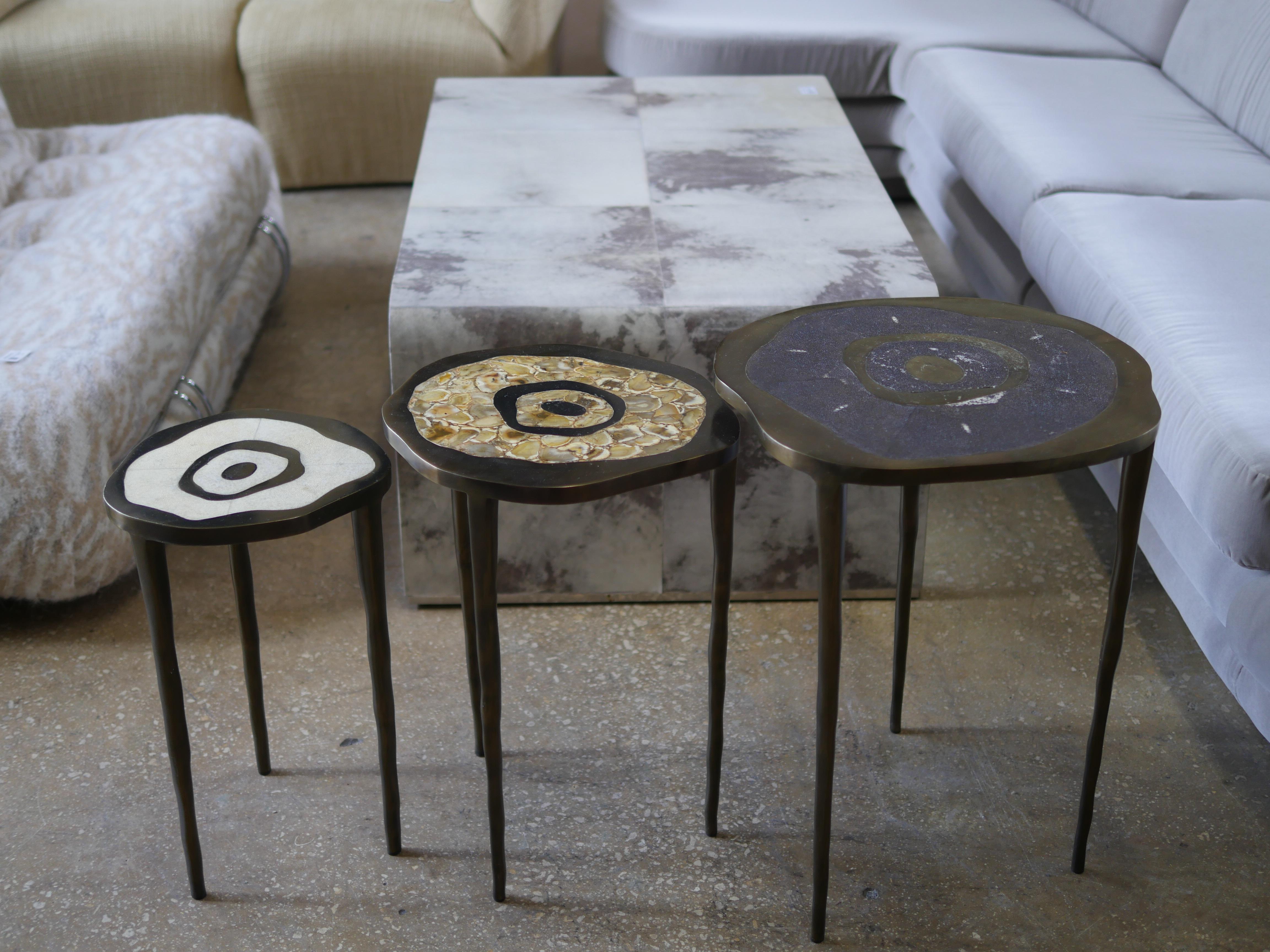 Modern R&Y Augousti Shagreen Onyx and Bronze Nesting Tables - Set of 3 For Sale 4
