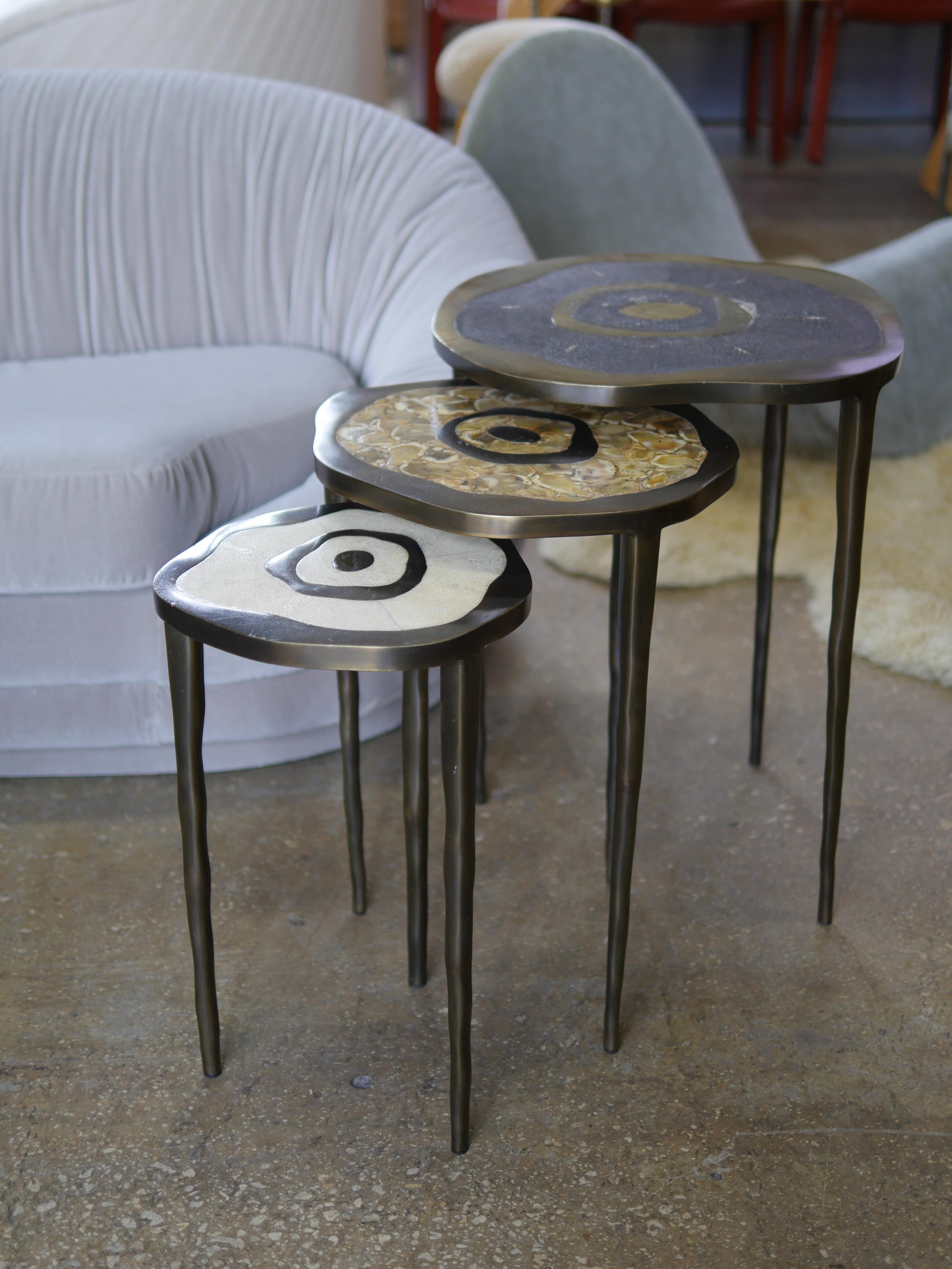 Modern R&Y Augousti Shagreen Onyx and Bronze Nesting Tables - Set of 3 For Sale 5
