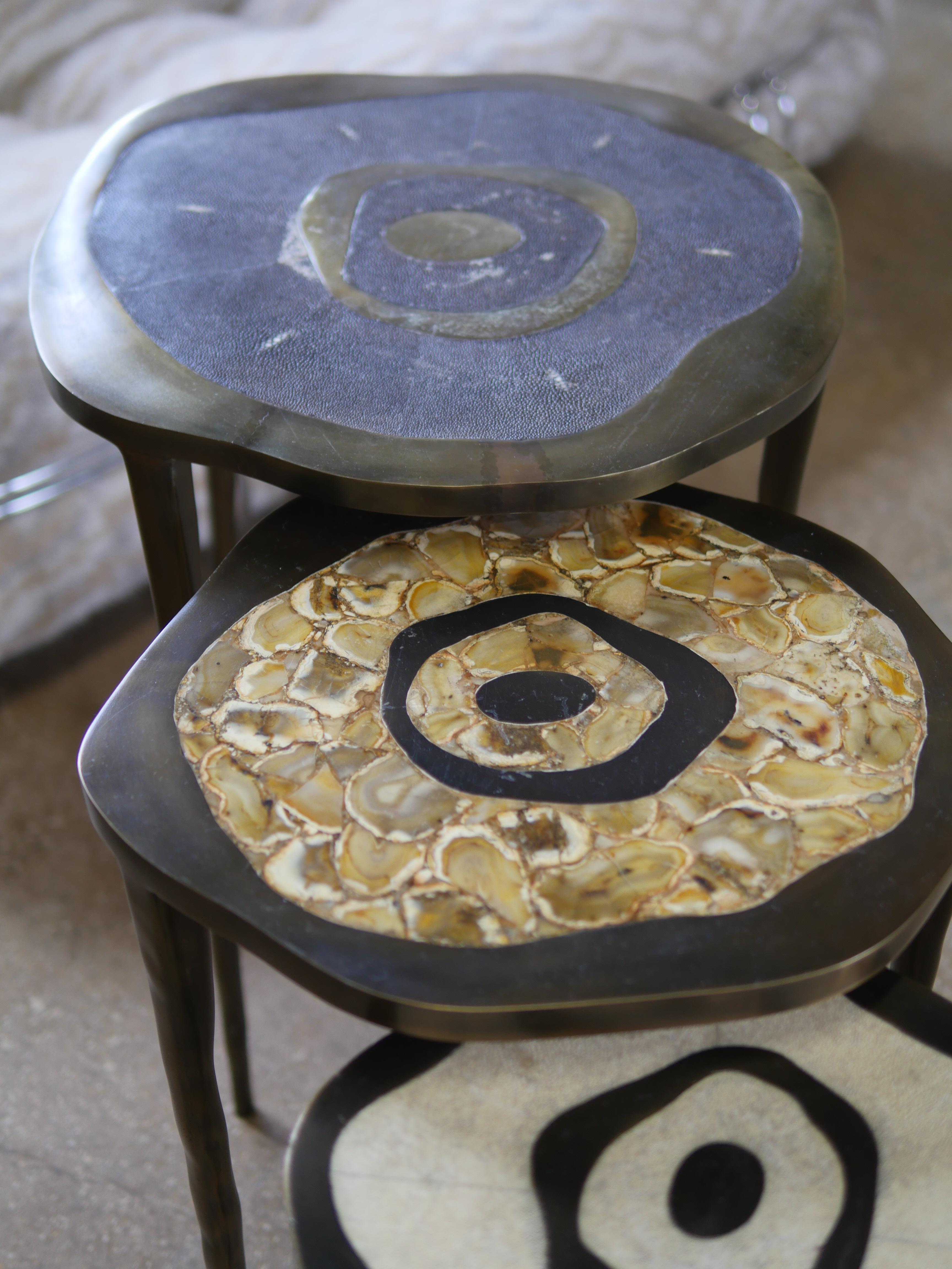 Modern R&Y Augousti Shagreen Onyx and Bronze Nesting Tables - Set of 3 For Sale 6