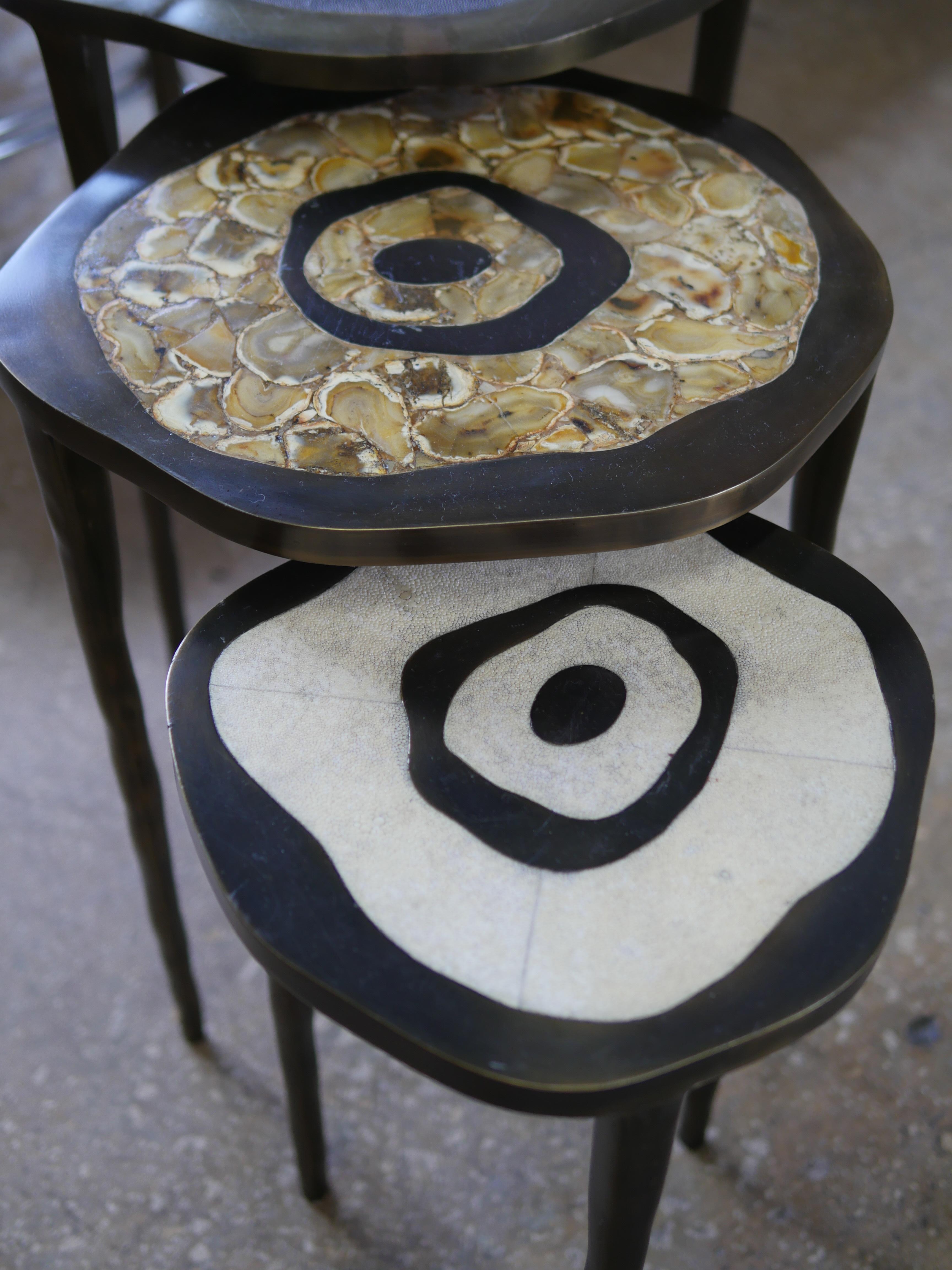 Modern R&Y Augousti Shagreen Onyx and Bronze Nesting Tables - Set of 3 For Sale 7