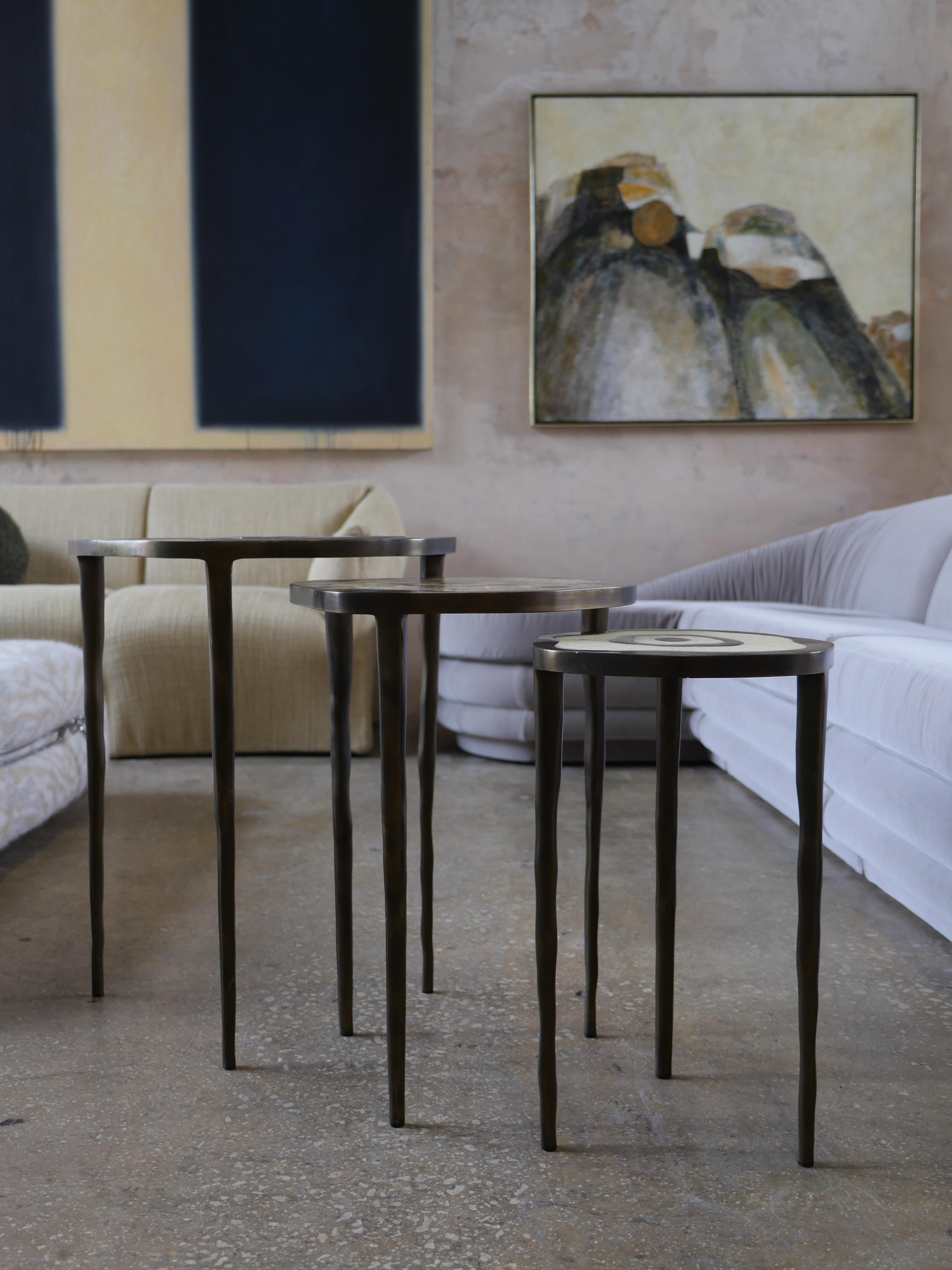 Organic Modern Modern R&Y Augousti Shagreen Onyx and Bronze Nesting Tables - Set of 3 For Sale