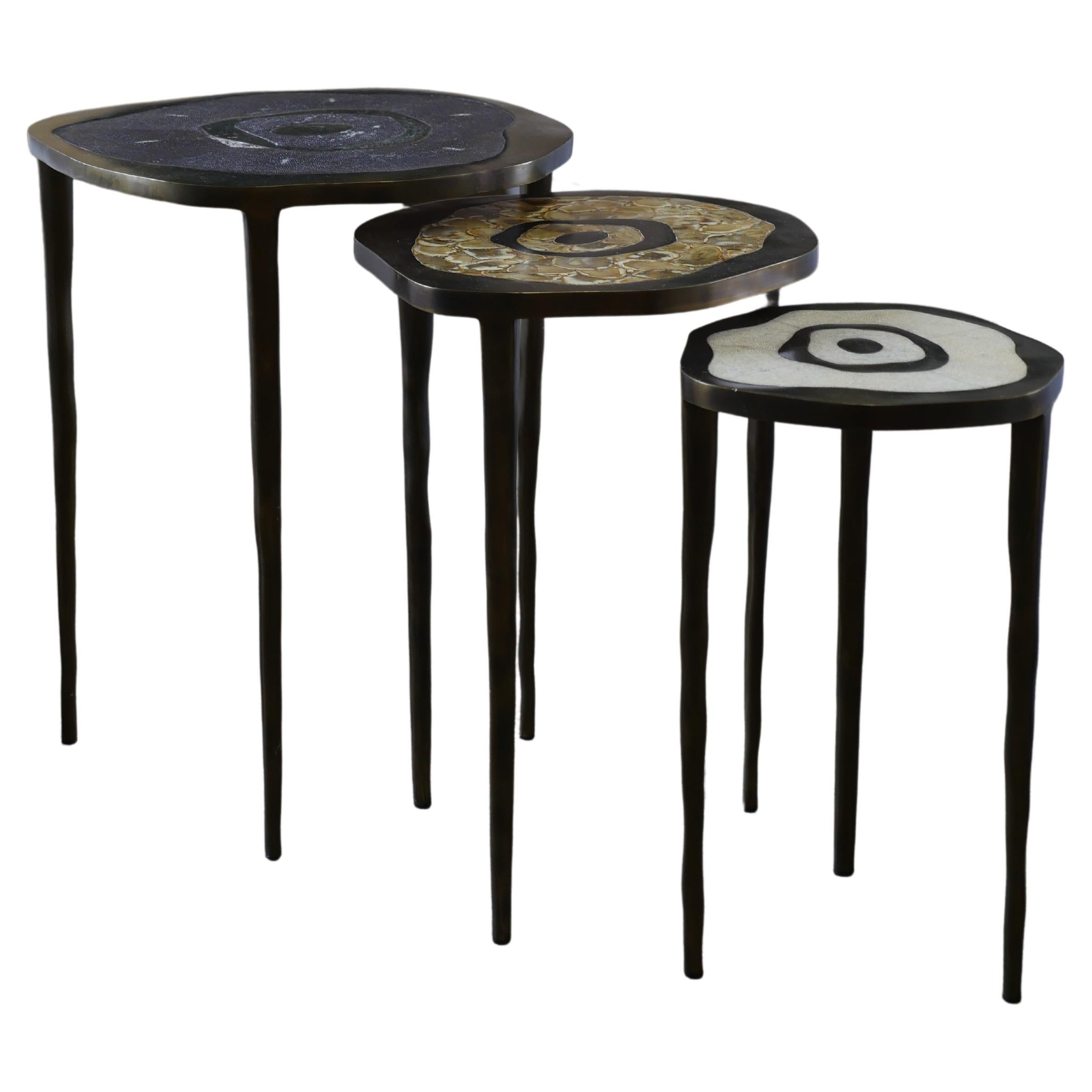 Modern R&Y Augousti Shagreen Onyx and Bronze Nesting Tables - Set of 3 For Sale