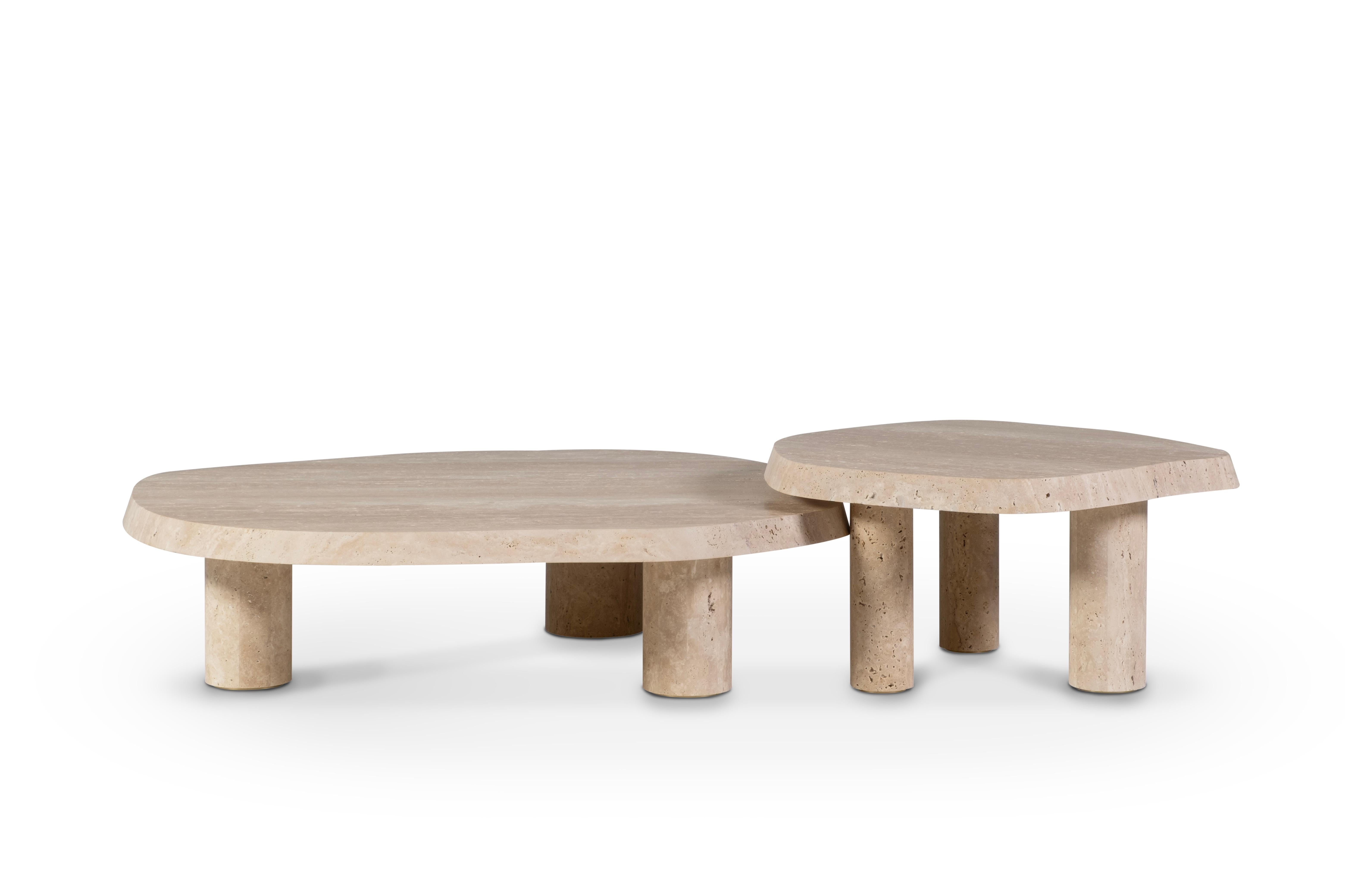 Polished Modern Saara Set/2 Nesting Coffee Tables, Travertine, Handmade by Greenapple For Sale