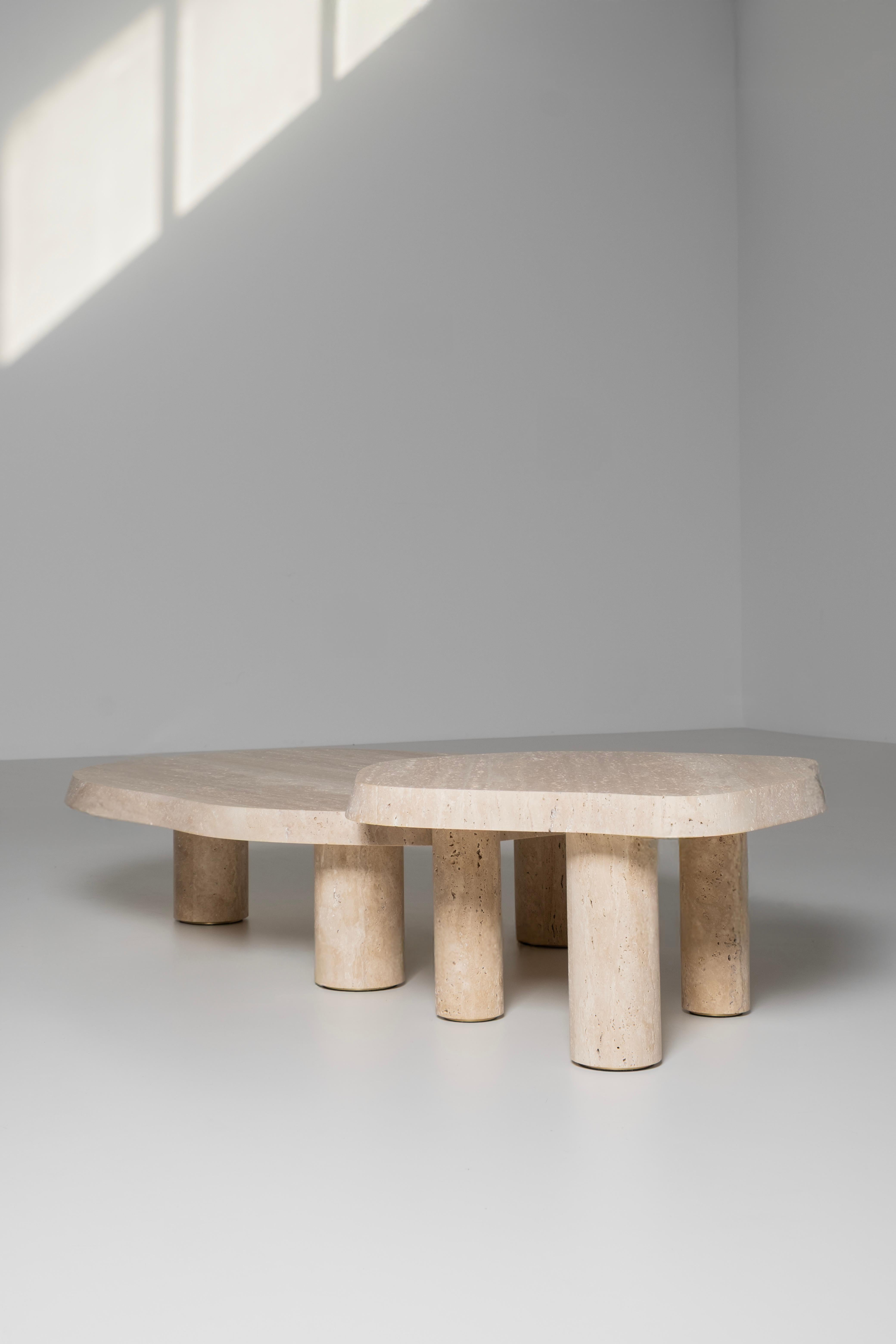 Contemporary Modern Saara Set/2 Nesting Coffee Tables, Travertine, Handmade by Greenapple For Sale