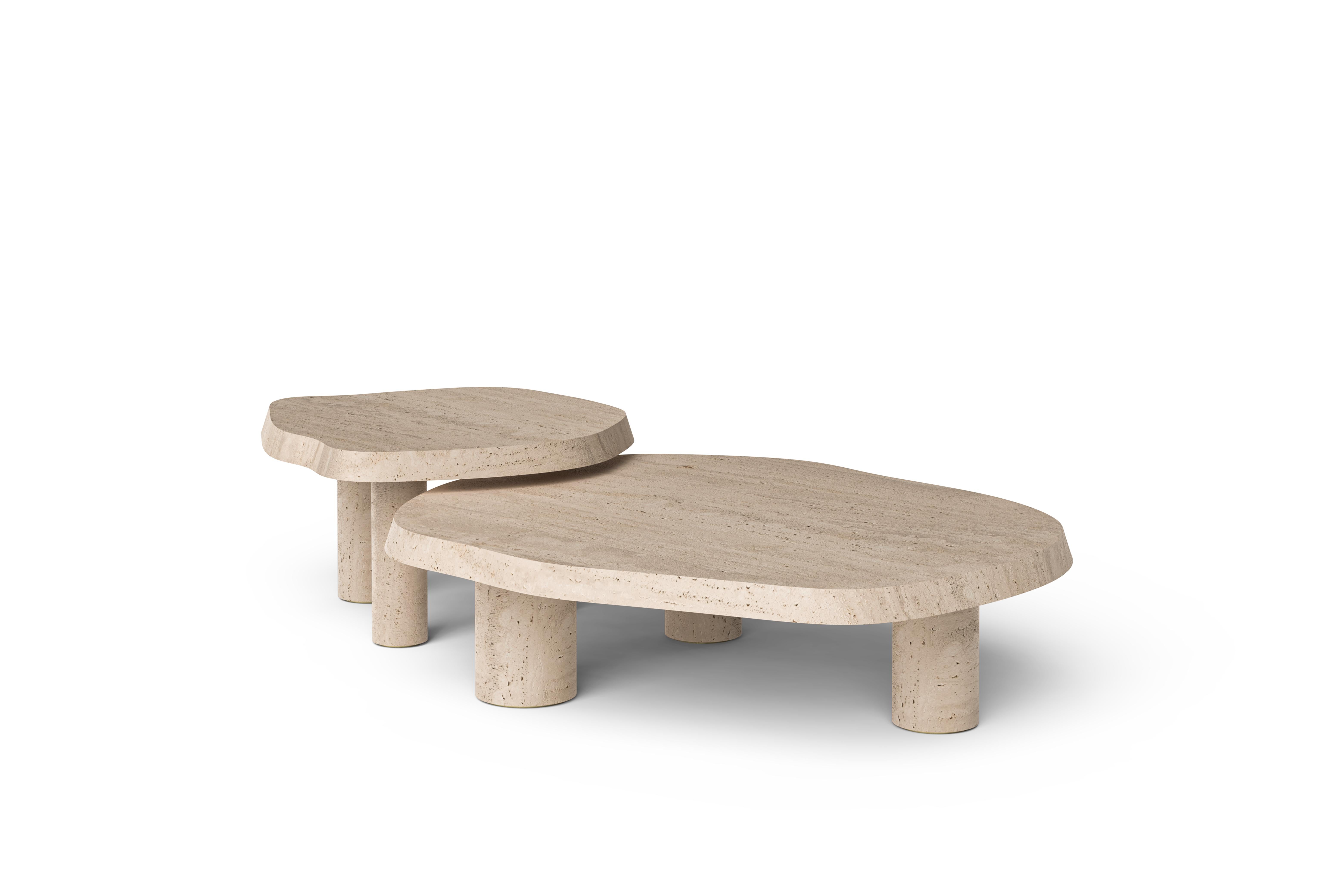 Portuguese Modern Saara Set/2 Nesting Coffee Tables, Travertine, Handmade by Greenapple For Sale