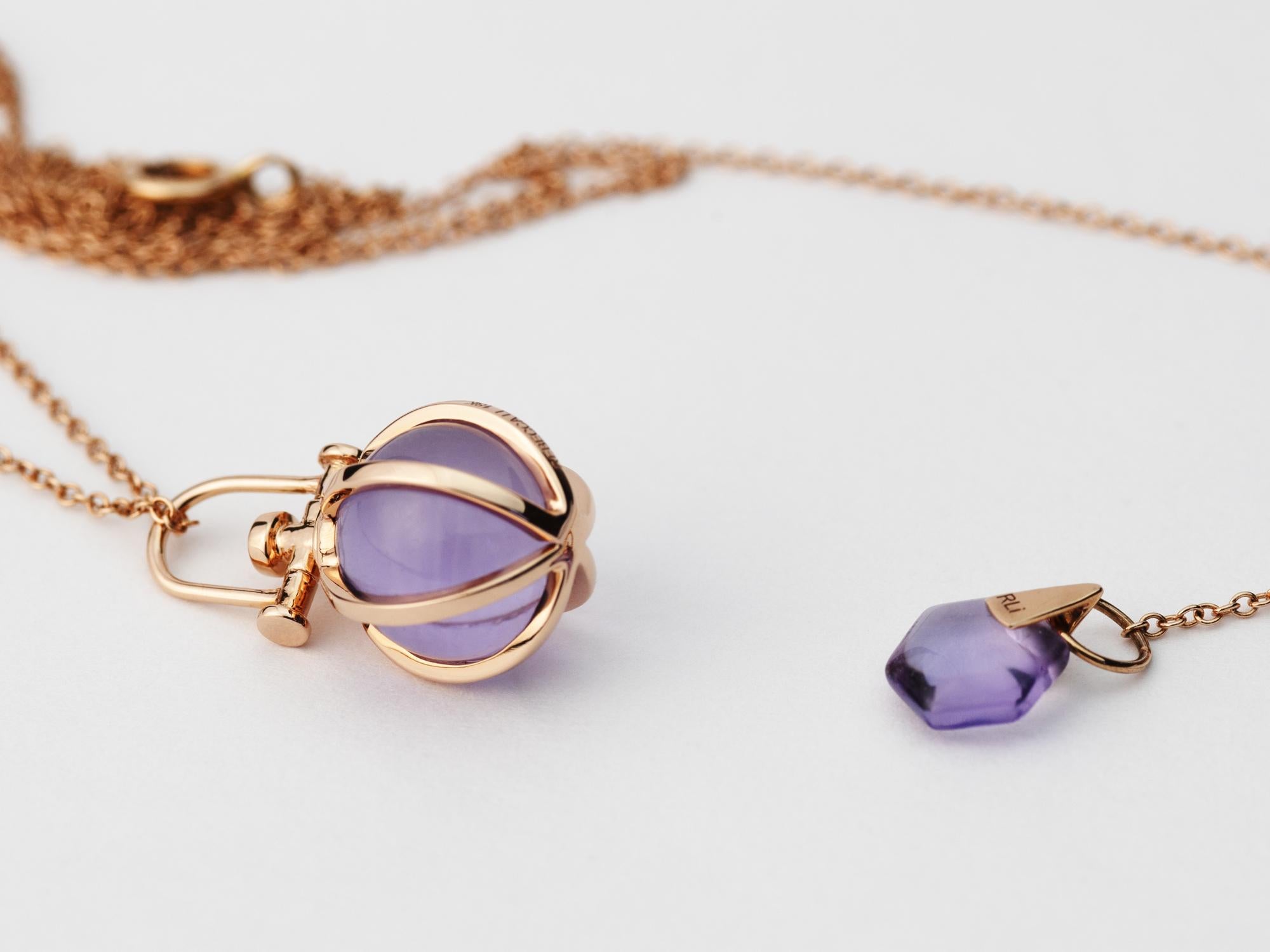 Rebecca Li designs mindfulness. 
This dainty orb necklace is from her Crystal Ball Collection.
Amethyst means Intuition, Creativity & Awakening.

Pendant:
Metal Type: 18K Rose Gold
Gemstone: Green Amethyst
Pendant Size: 9 mm W * 9 mm D * 17 mm