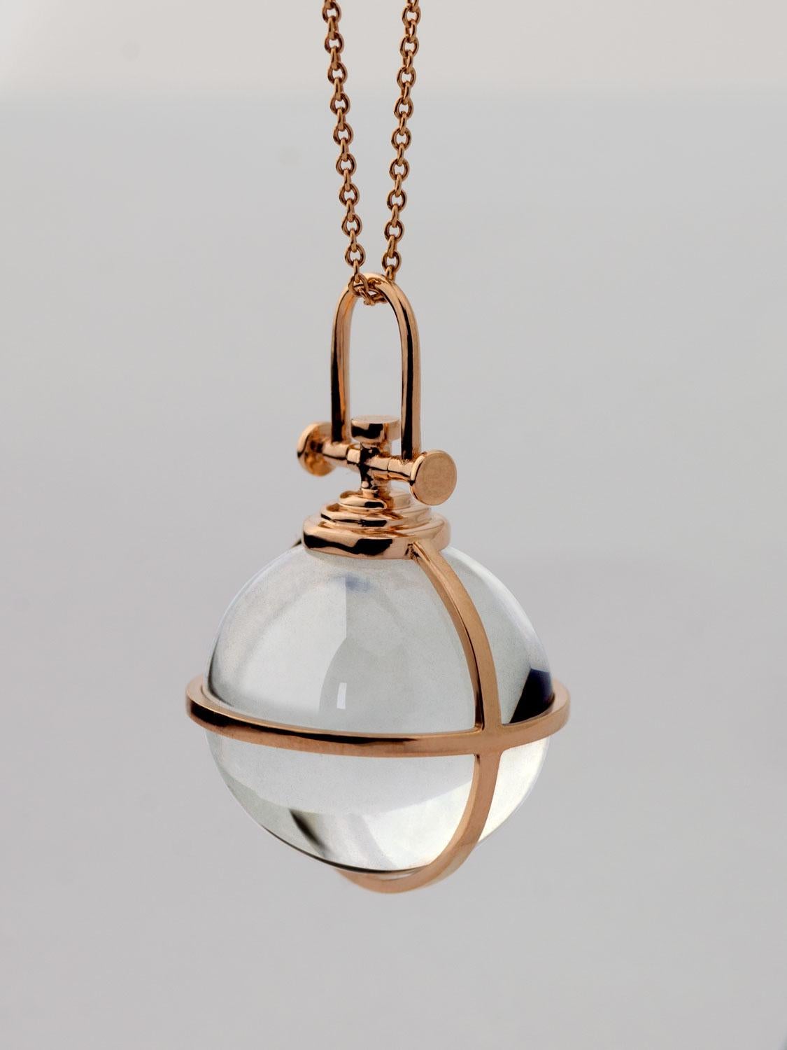 Rebecca Li designs Mindfulness. 
This bold crystal orb necklace is from her Crystal Ball Collection.

Pendant:
Metal Type: 18K Rose Gold
Gemstone: Rock Crystal
Pendant Size: 18 mm W * 18 mm D * 28 mm H
Gemstone Size: 16 mm W * 16 mm D * 16 mm