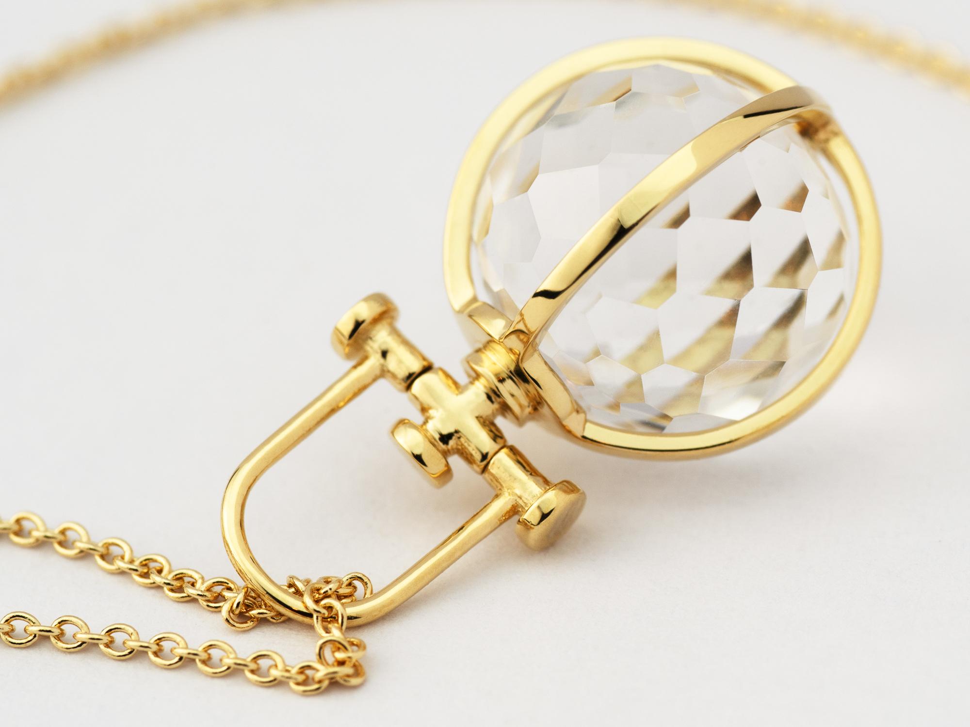 Ball Cut Modern Sacred 18K Gold Faceted Crystal Orb Amulet Necklace with Rock Crystal