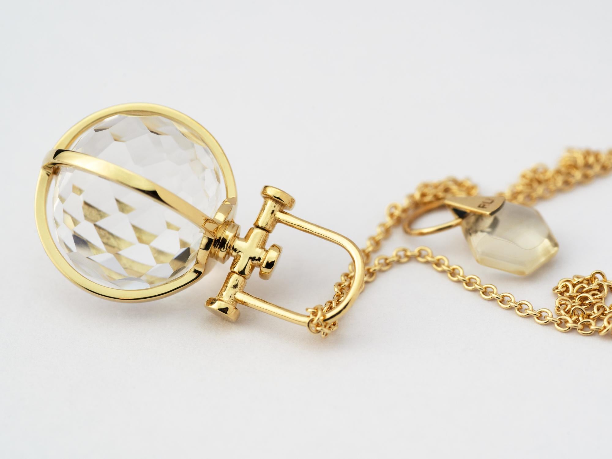 Modern Sacred 18K Gold Faceted Crystal Orb Amulet Necklace with Rock Crystal 2