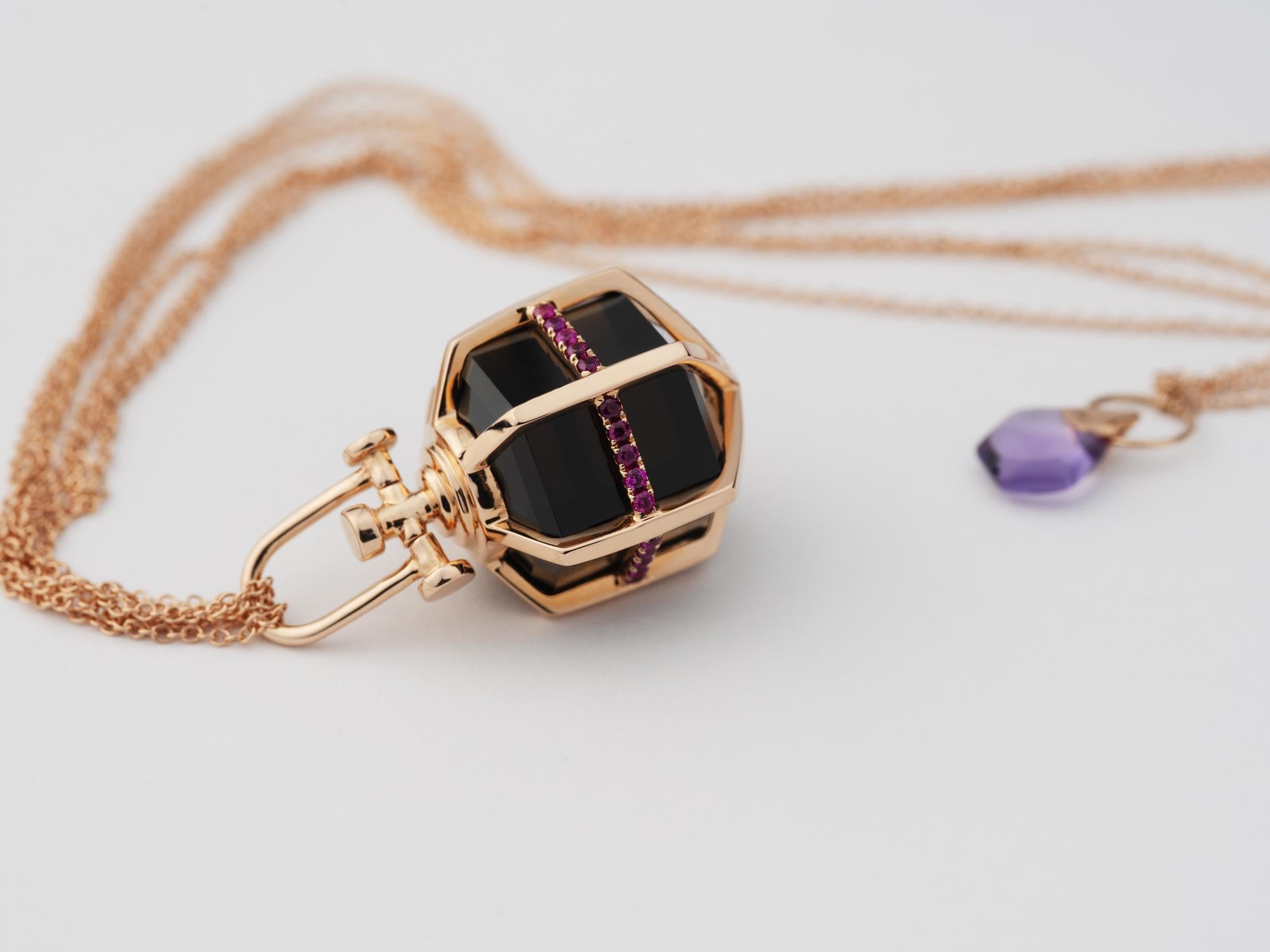 Contemporary Modern Sacred 18k Rose Gold Amulet Pendant Necklace with Ruby and Smoky Quartz For Sale