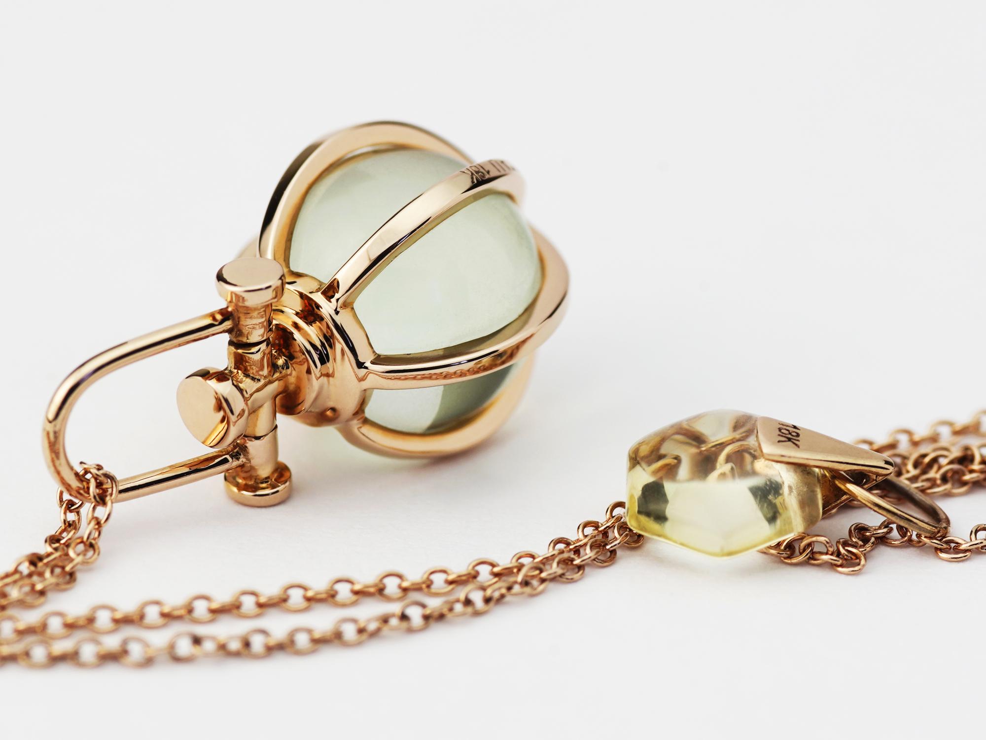 Rebecca Li designs mindfulness. 
This dainty crystal ball necklace is from her Crystal Orb Collection.
Green amethyst means Harmony, Calm & Relaxation.
The main inspiration for this design is the sacred geometry circle. It represents oneness and