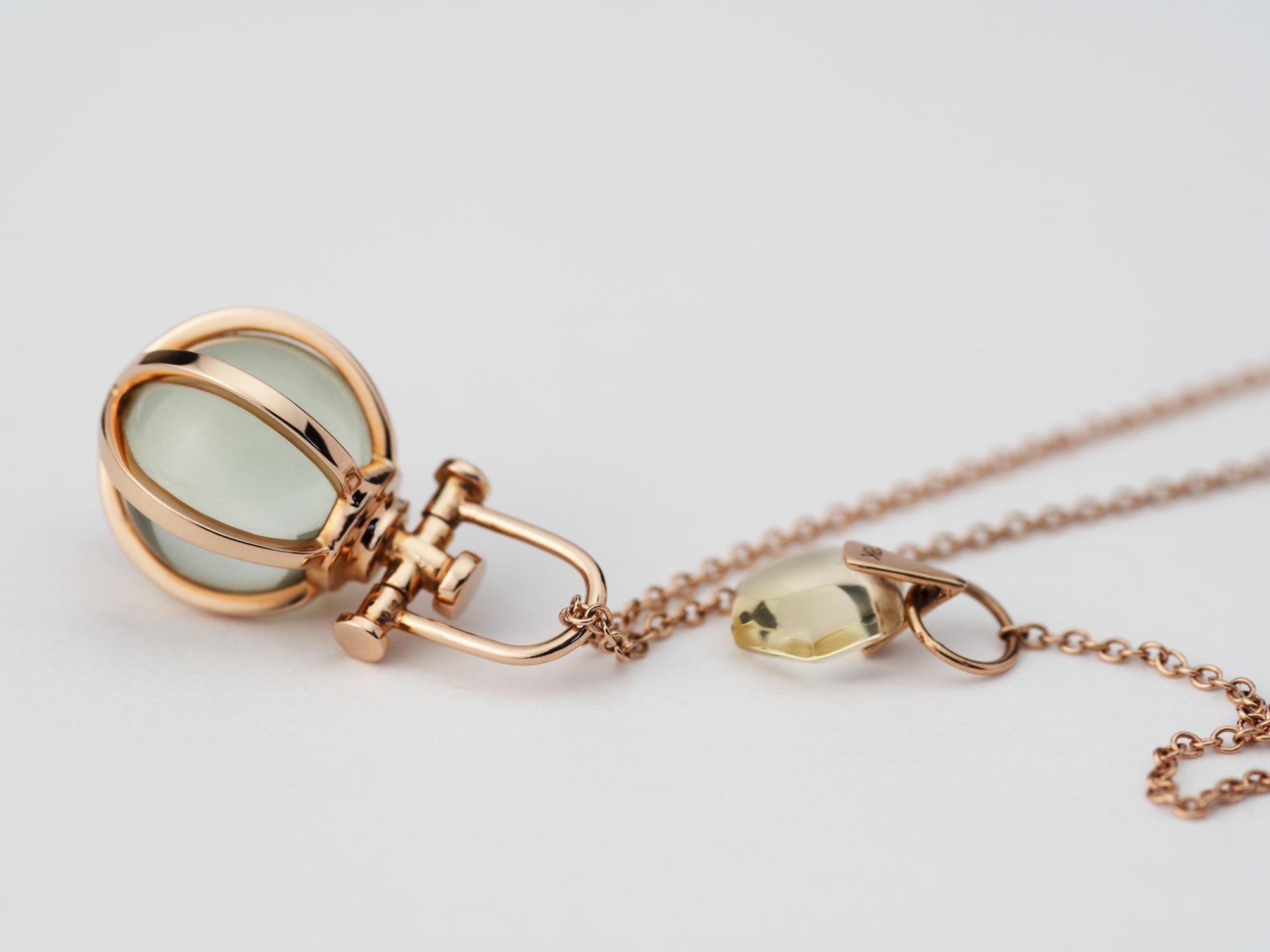 Contemporary Modern Sacred 18K Rose Gold Crystal Ball Talisman Necklace with Green Amethyst For Sale