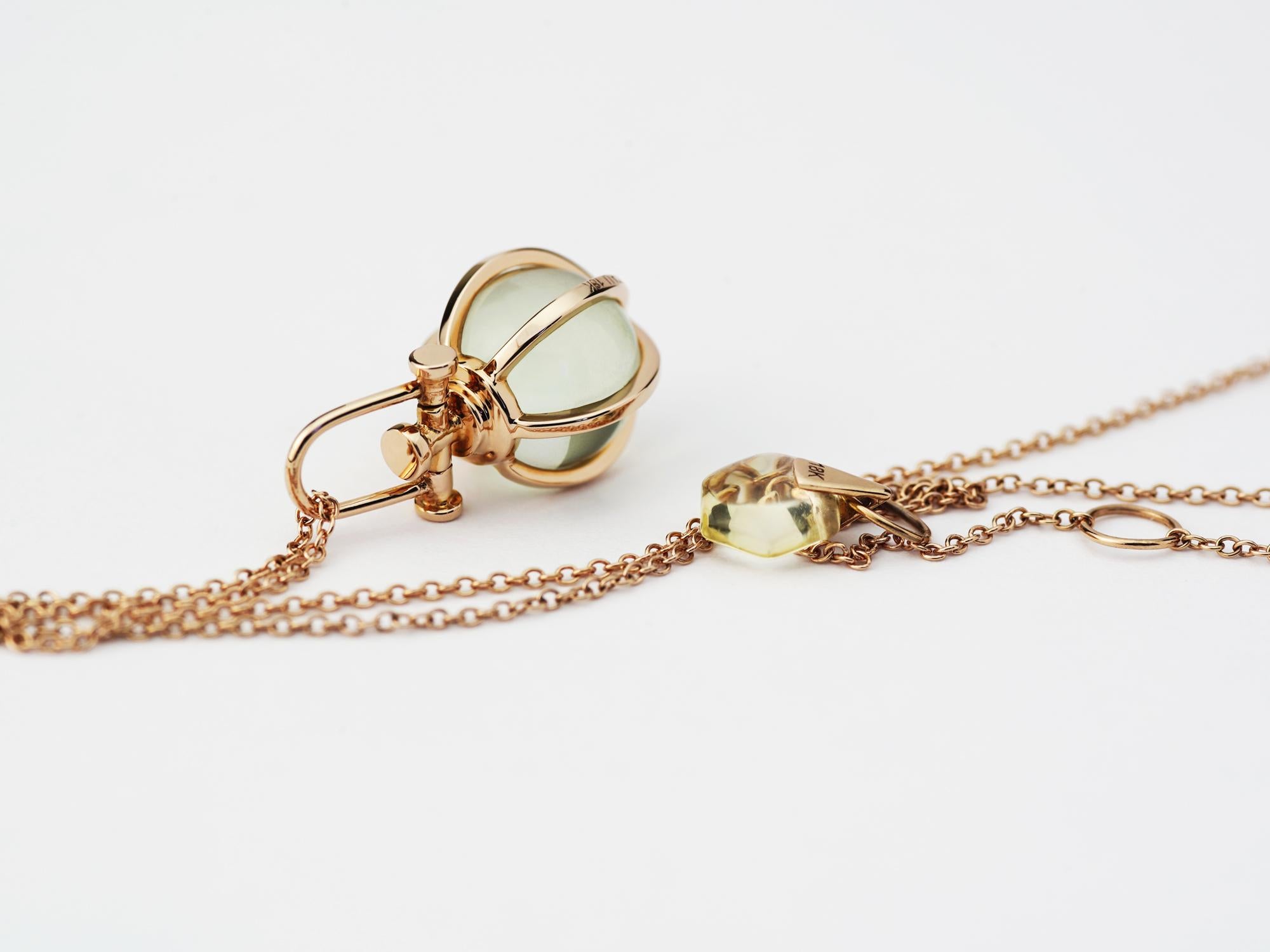 Round Cut Modern Sacred 18K Rose Gold Crystal Ball Talisman Necklace with Green Amethyst For Sale