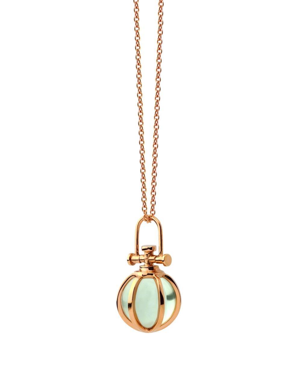 Modern Sacred 18K Rose Gold Crystal Ball Talisman Necklace with Green Amethyst In New Condition For Sale In Valencia, CA