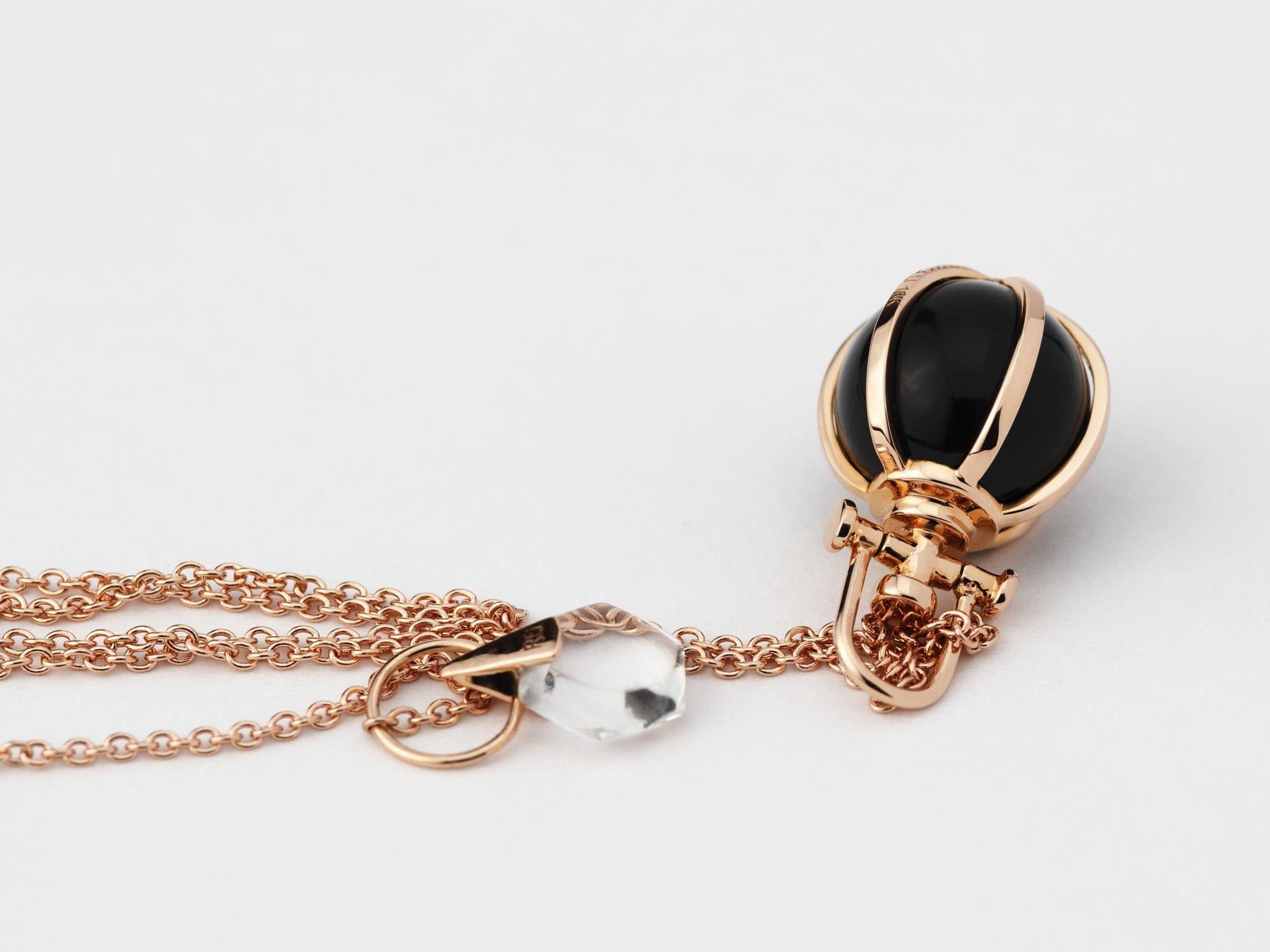 Ball Cut Modern Sacred 18k Rose Gold Talisman Pendant Necklace with Black Onyx For Sale