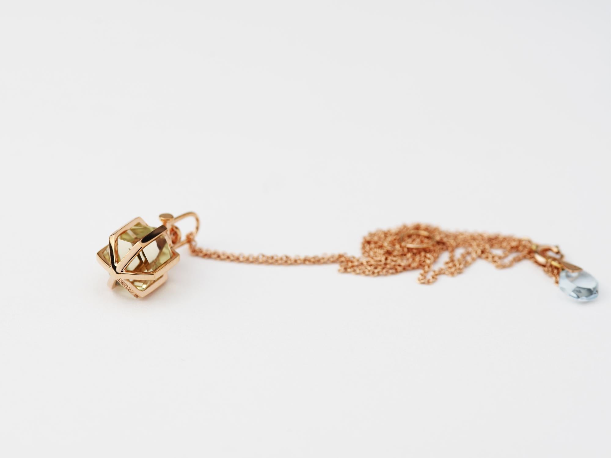 Hexagon Cut Modern Sacred 18k Solid Rose Gold Talisman Pendant Necklace with Lemon Citrine For Sale
