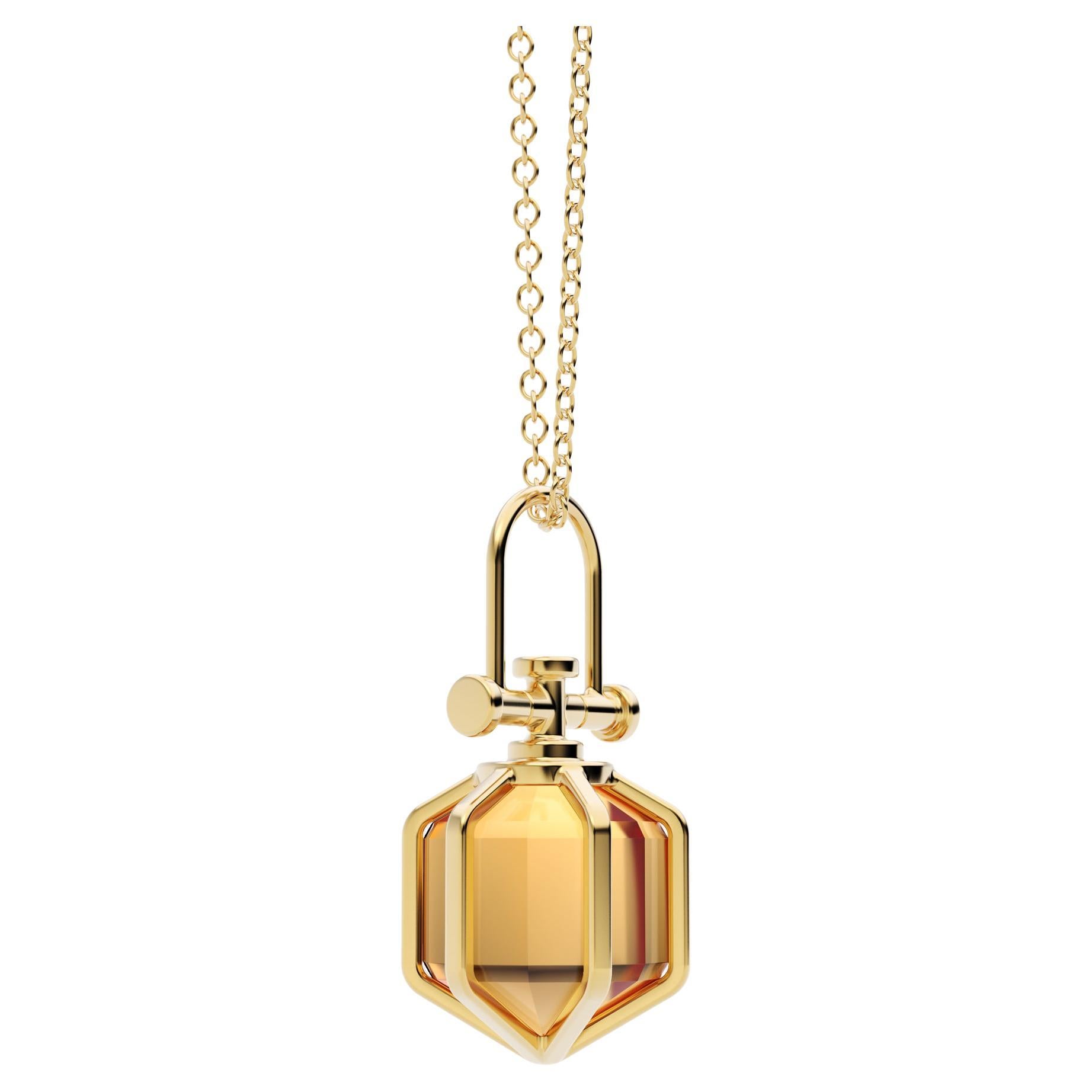 Modern Sacred 18k Solid Yellow Gold Talisman Pendant Necklace w/ Orange Citrine For Sale