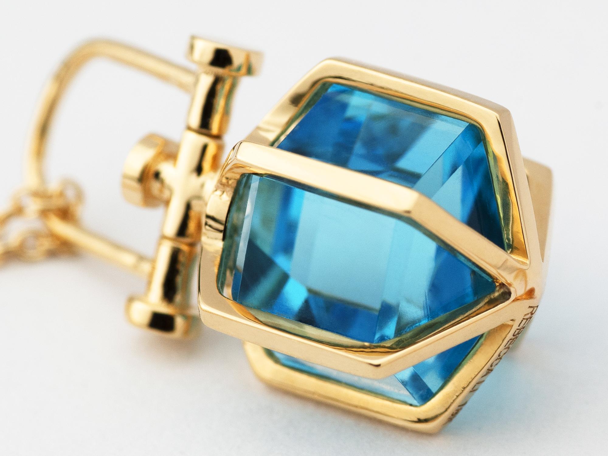 Rebecca Li designs mindfulness.
This sacred hexagon inspired necklace  signifies our intuition.
Blue Topaz means Healing, Health and Positivity.

Talisman Pendant :
18K Yellow Gold
Swiss Blue Topaz
Pendant Size: 10 mm W * 10 mm D * 18 mm H
Gemstone