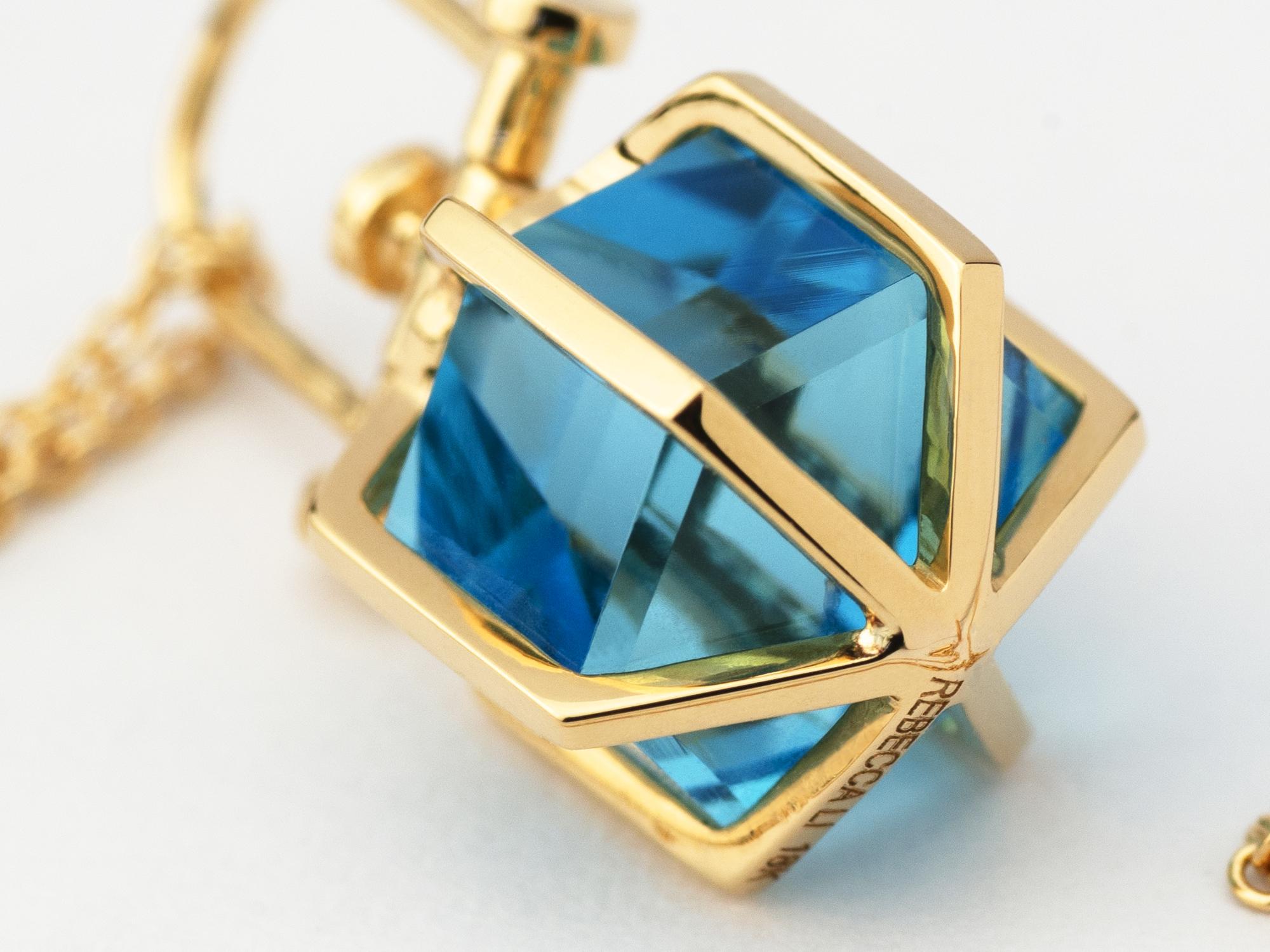 Hexagon Cut Modern Sacred 18k Solid Yellow Gold Talisman Pendant Necklace with Blue Topaz For Sale