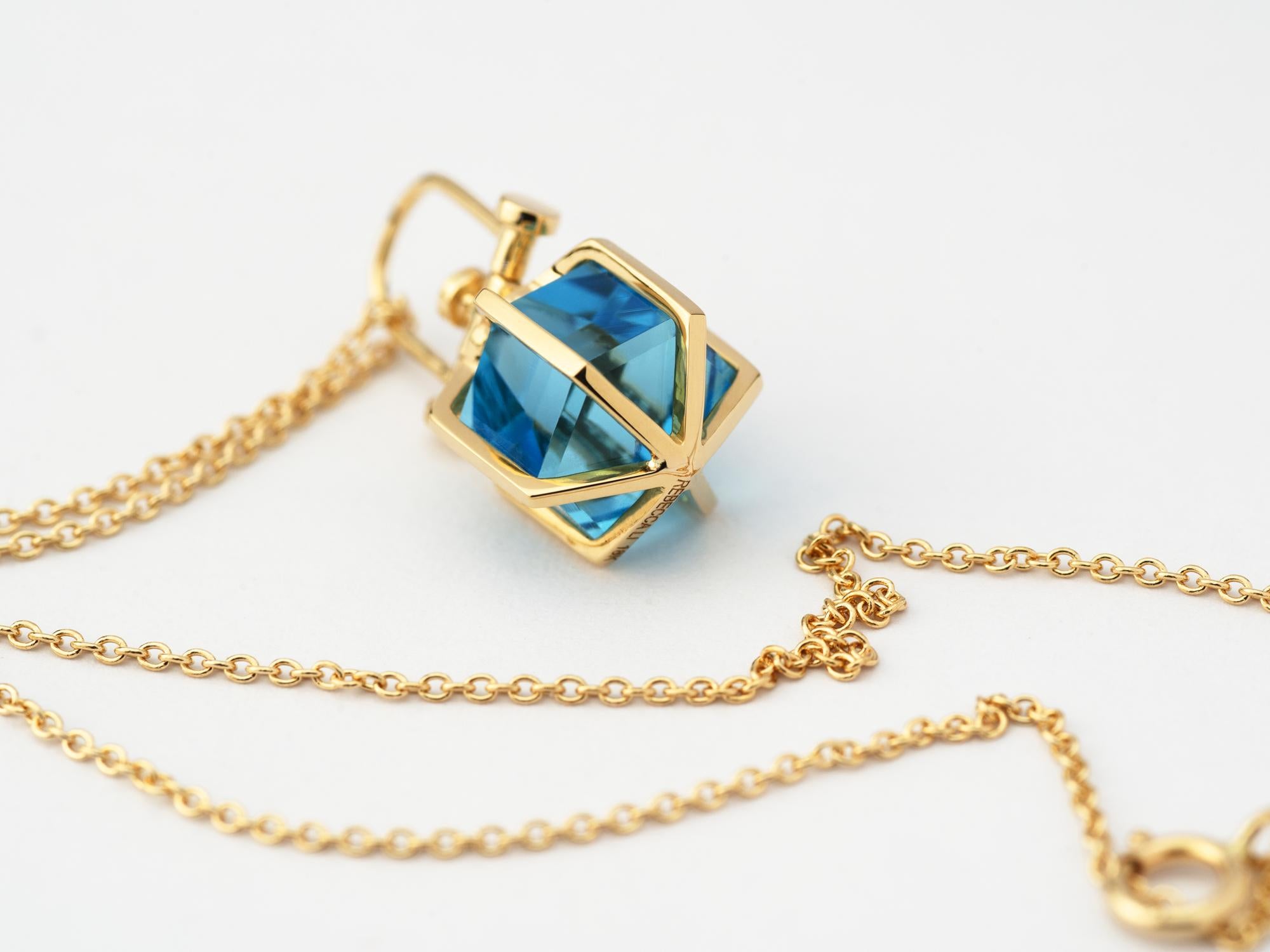 Women's Modern Sacred 18k Solid Yellow Gold Talisman Pendant Necklace with Blue Topaz For Sale