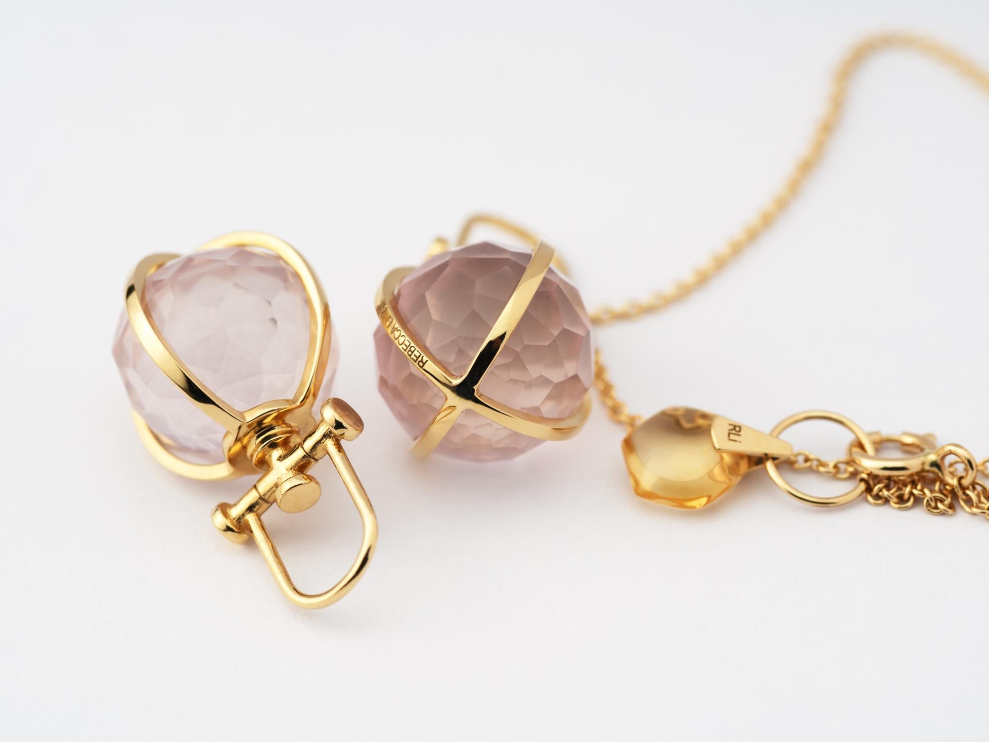 Contemporary Modern Sacred 18k Yellow Gold Natural Rose Quartz Orb Talisman Pendant Necklace For Sale
