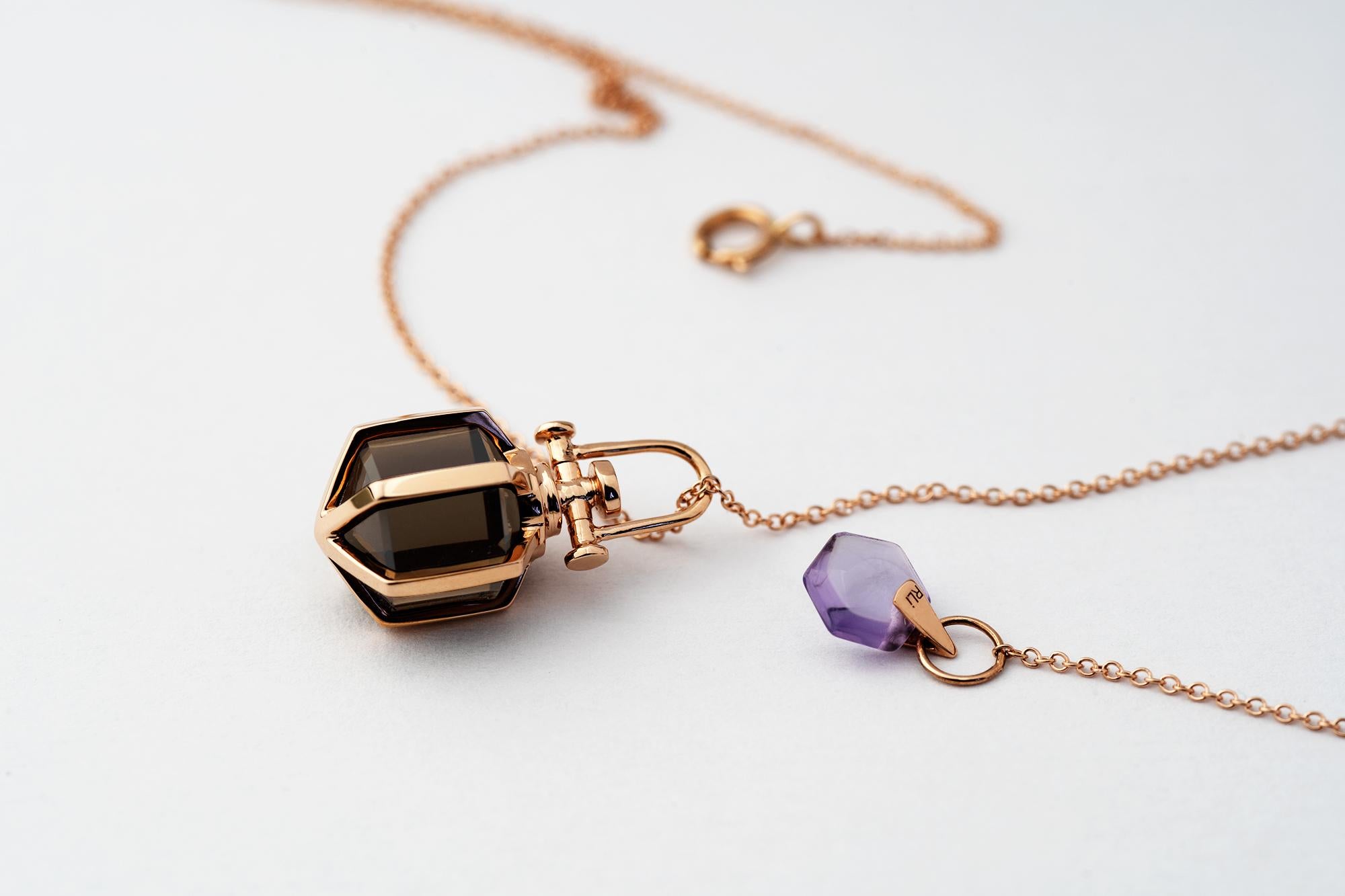 Rebecca Li designs mindfulness.
This dainty talisman necklace is from her signature Six Senses Talisman Collection.

Smoky quartz means Protection & Luck.

Talisman Pendant :
18K Rose Gold
Smoky Quartz
Pendant Size: 10 mm W * 10 mm D * 18 mm