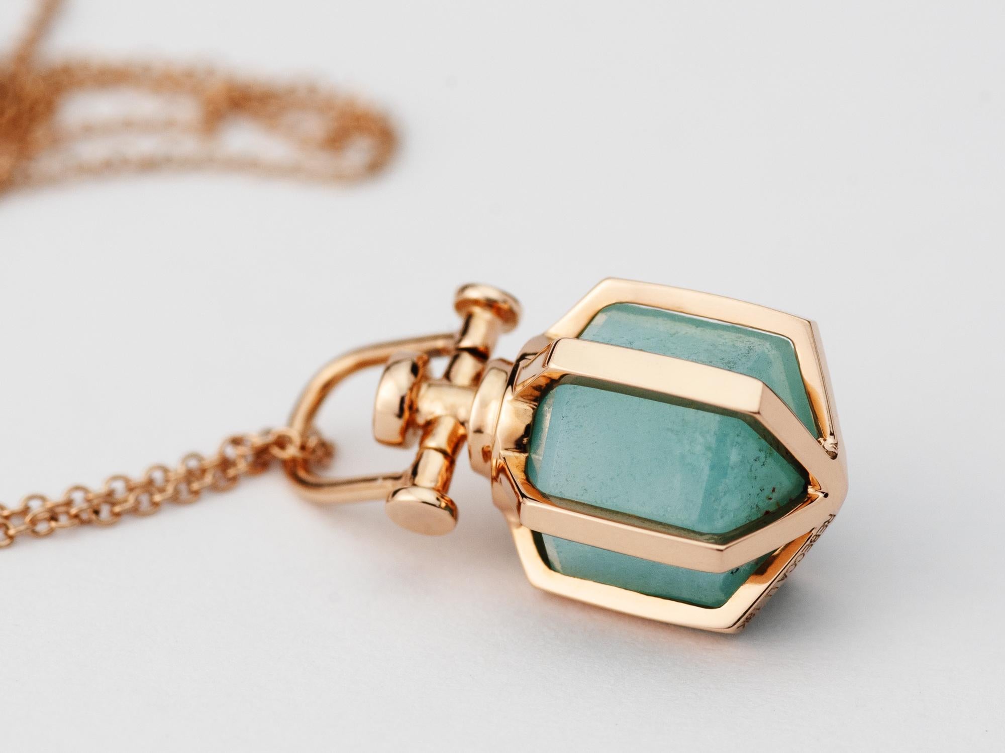 Rebecca Li designs mindfulness.
This dainty talisman necklace is from her signature Six Senses Talisman Collection.

Amazonite means harmony, relaxation and calm.

Talisman Pendant :
18K Rose Gold
Amazonite
Pendant Size: 10 mm W * 10 mm D * 18 mm