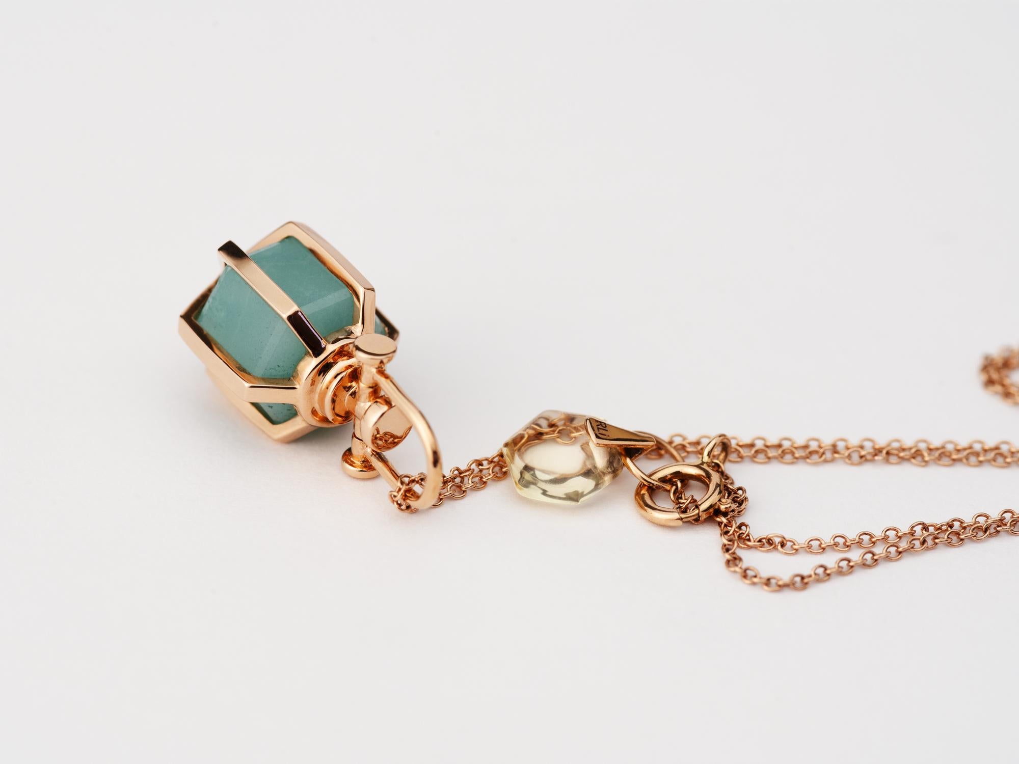 Contemporary Modern Sacred Geometrical Dainty 18k Rose Gold Amulet Necklace w/ Amazonite For Sale