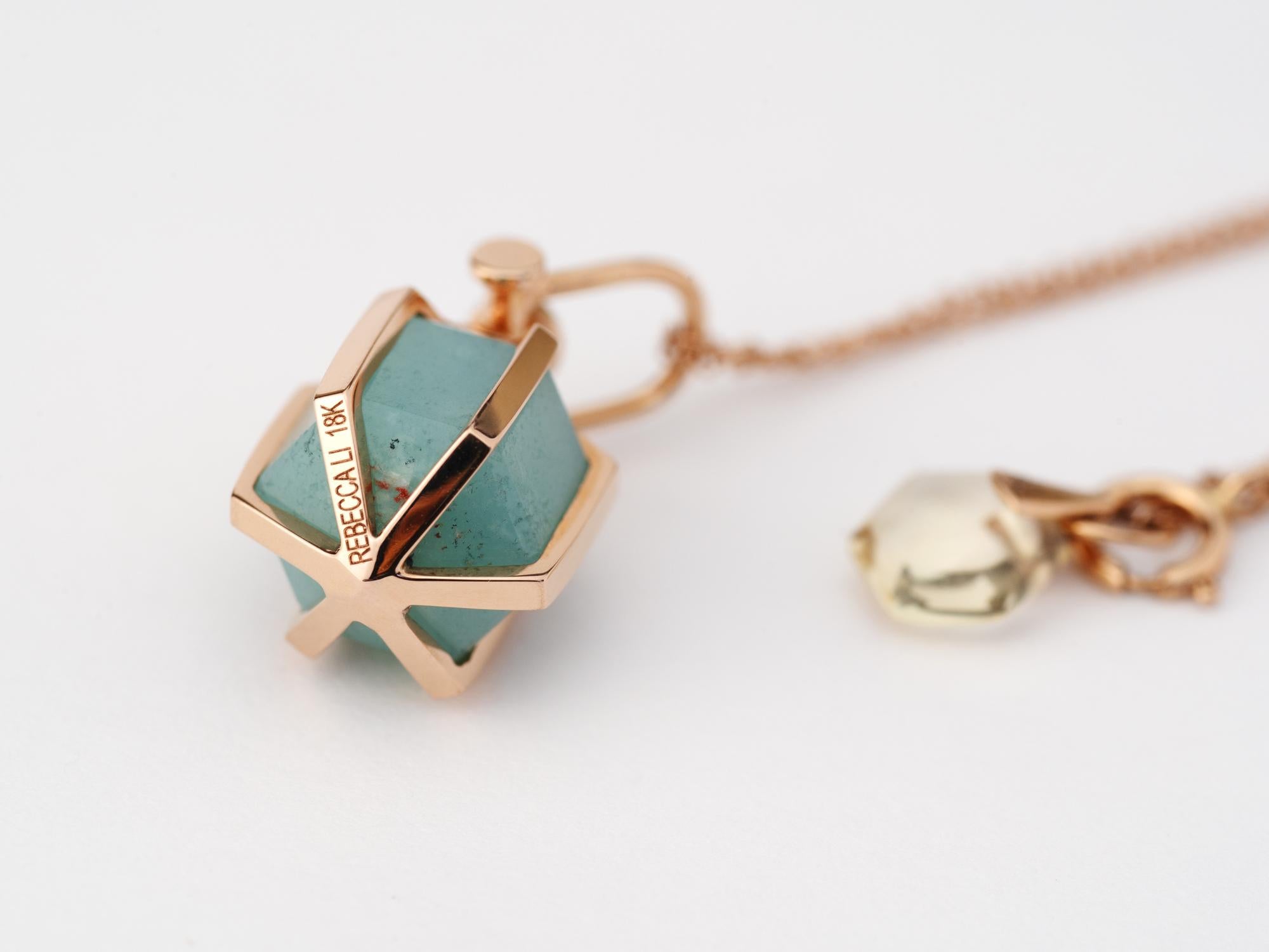 Hexagon Cut Modern Sacred Geometrical Dainty 18k Rose Gold Amulet Necklace w/ Amazonite For Sale