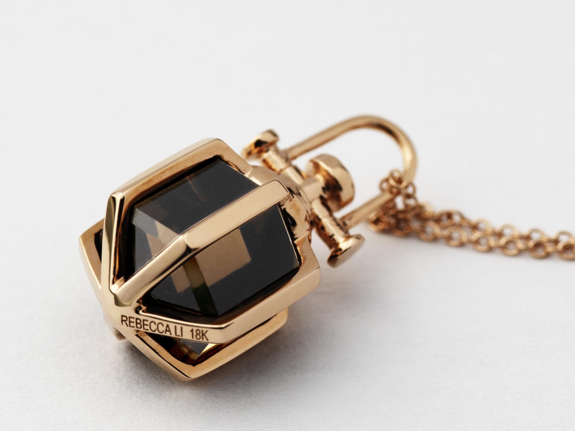 Women's or Men's Modern Sacred Geometrical Dainty 18K Rose Gold Amulet Necklace Smoky Quartz For Sale