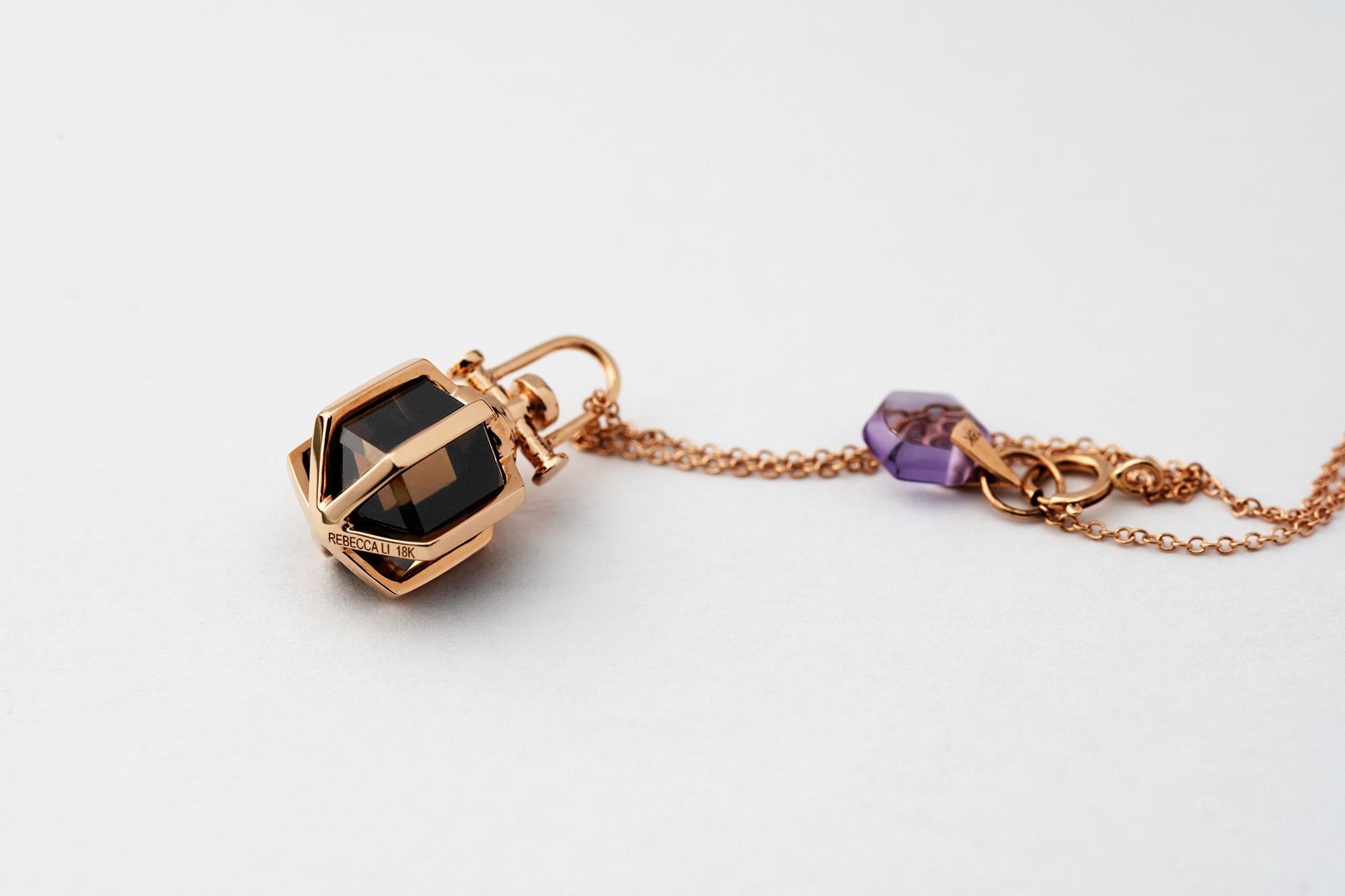 Modern Sacred Geometrical Dainty 18K Rose Gold Amulet Necklace Smoky Quartz For Sale 1
