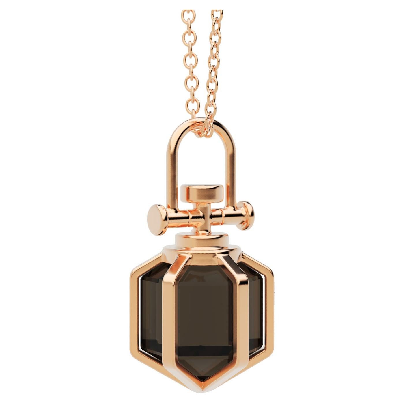 Modern Sacred Geometrical Dainty 18K Rose Gold Amulet Necklace Smoky Quartz For Sale