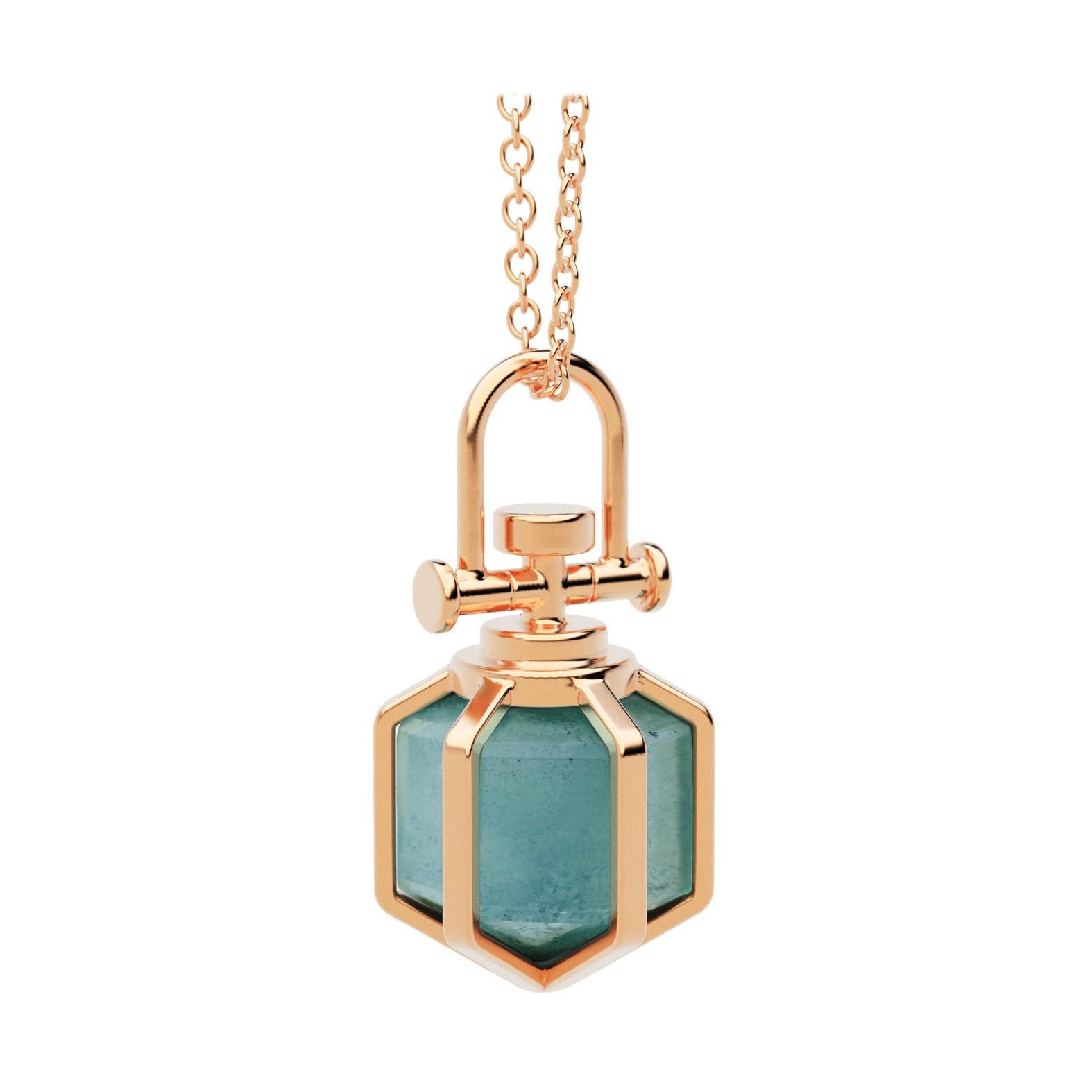 Modern Sacred Geometrical Dainty 18k Rose Gold Amulet Necklace w/ Amazonite For Sale