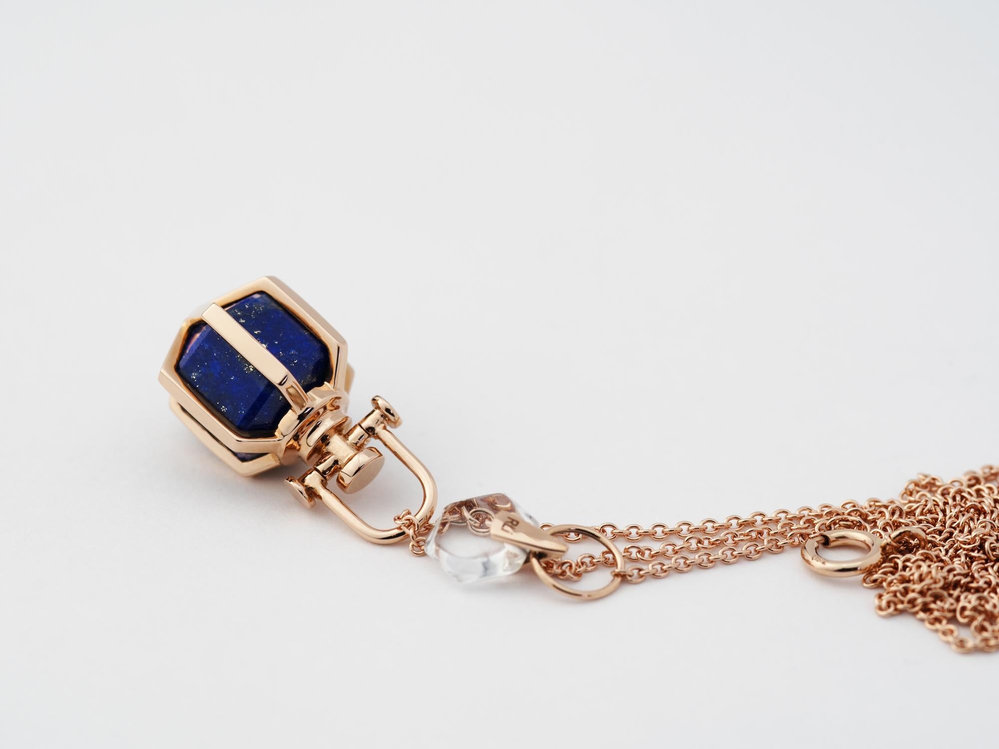 Rebecca Li designs mindfulness.
This dainty talisman necklace is from her signature Six Senses Talisman Collection.

Lapis Lazuli means Wisdom and Creativity.

Talisman Pendant :
18K Rose Gold
Lapis Lazuli
Pendant Size: 10 mm W * 10 mm D * 18 mm