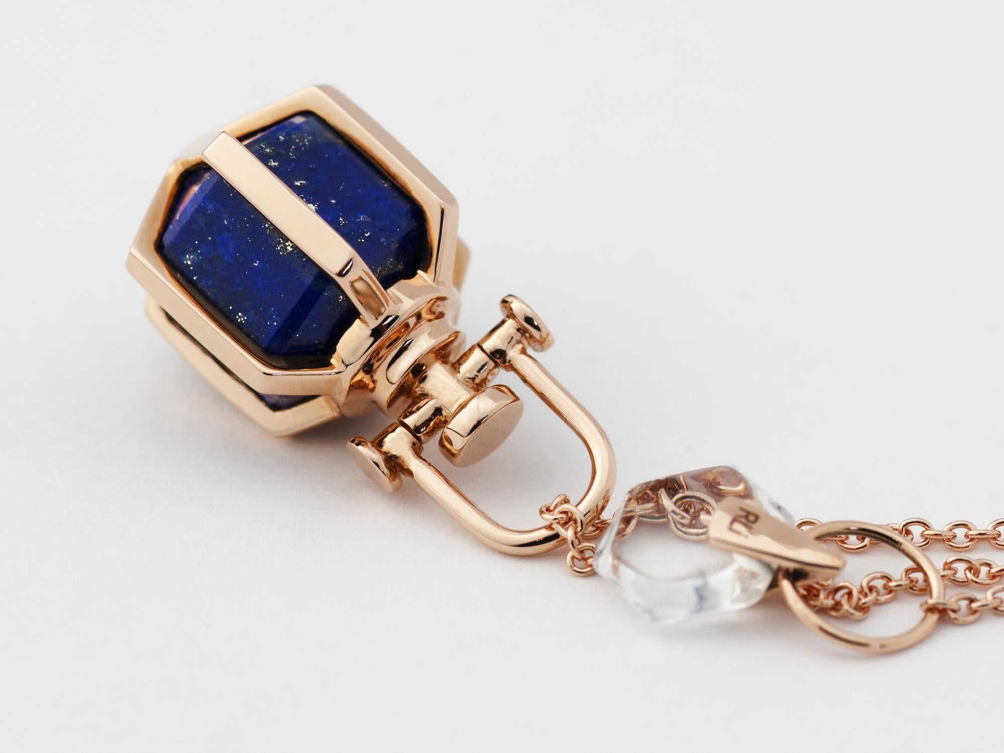 Contemporary Modern Sacred Geometrical Dainty 18k Rose Gold Amulet Necklace w/ Lapis Lazuli