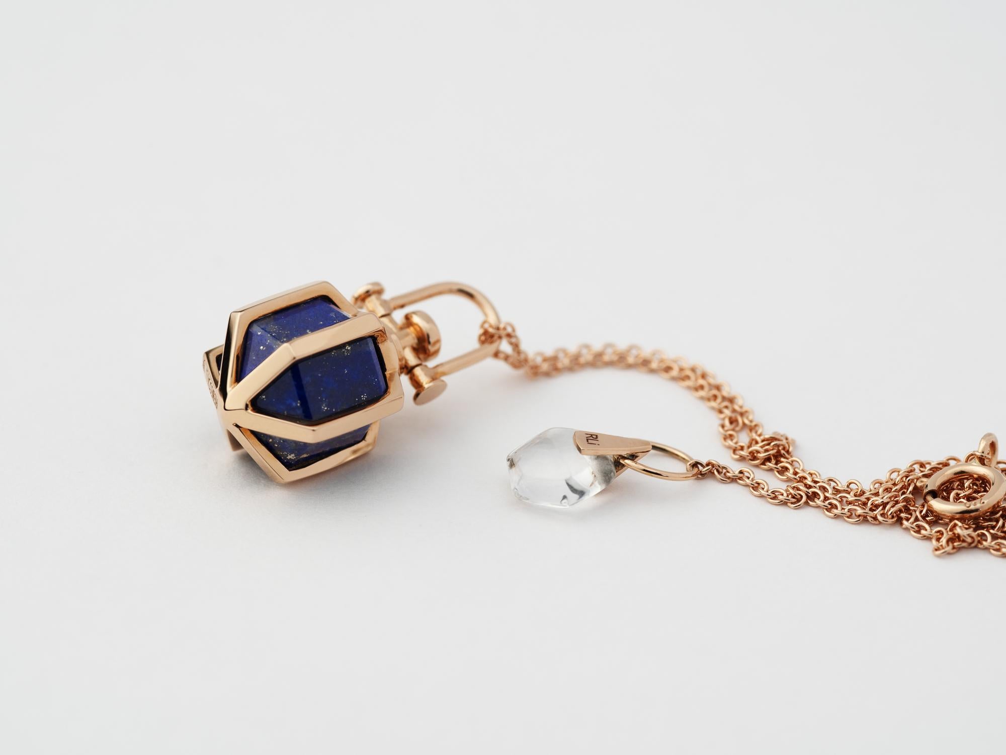 Hexagon Cut Modern Sacred Geometrical Dainty 18k Rose Gold Amulet Necklace w/ Lapis Lazuli