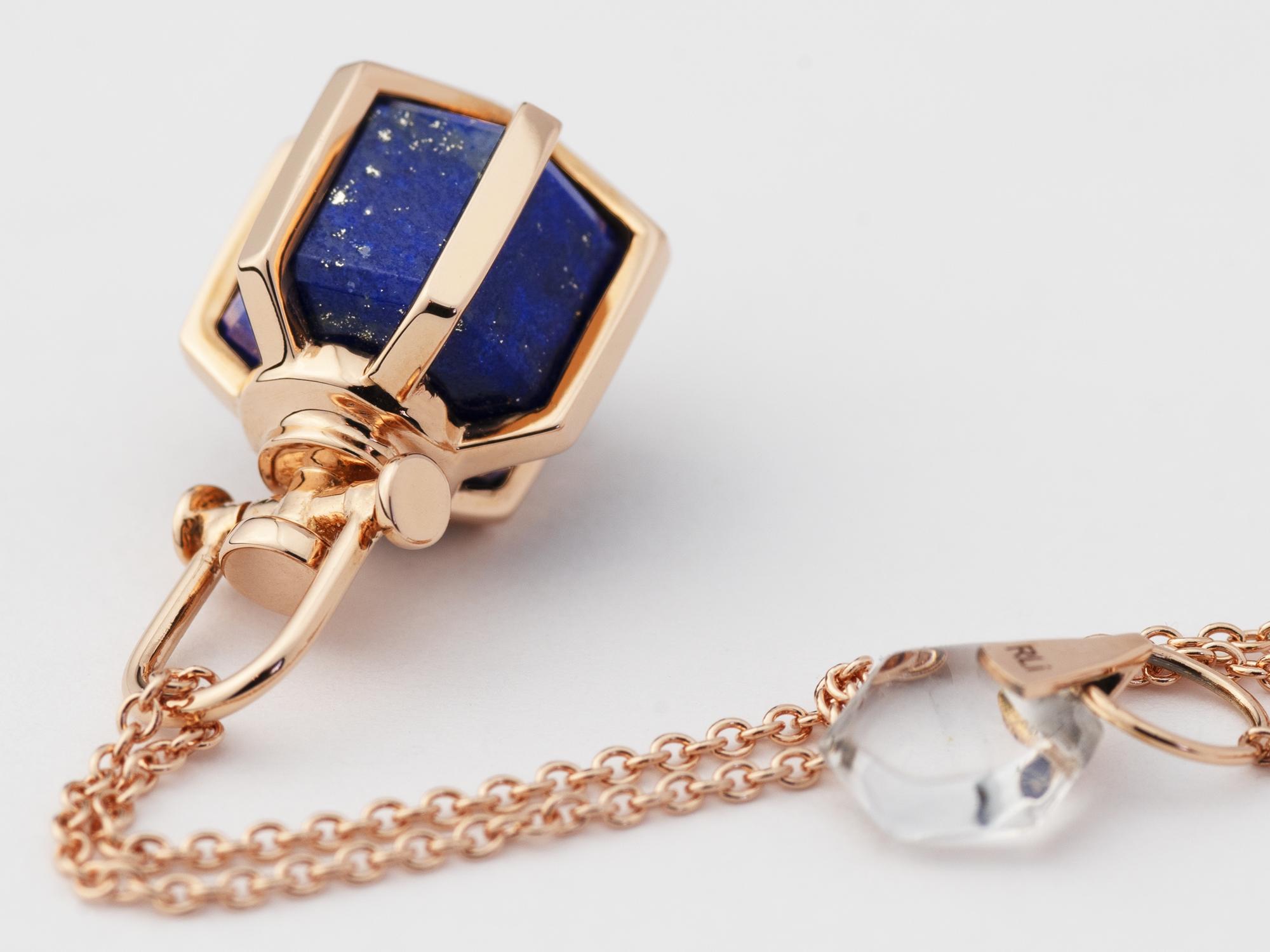 Women's or Men's Modern Sacred Geometrical Dainty 18k Rose Gold Amulet Necklace w/ Lapis Lazuli For Sale